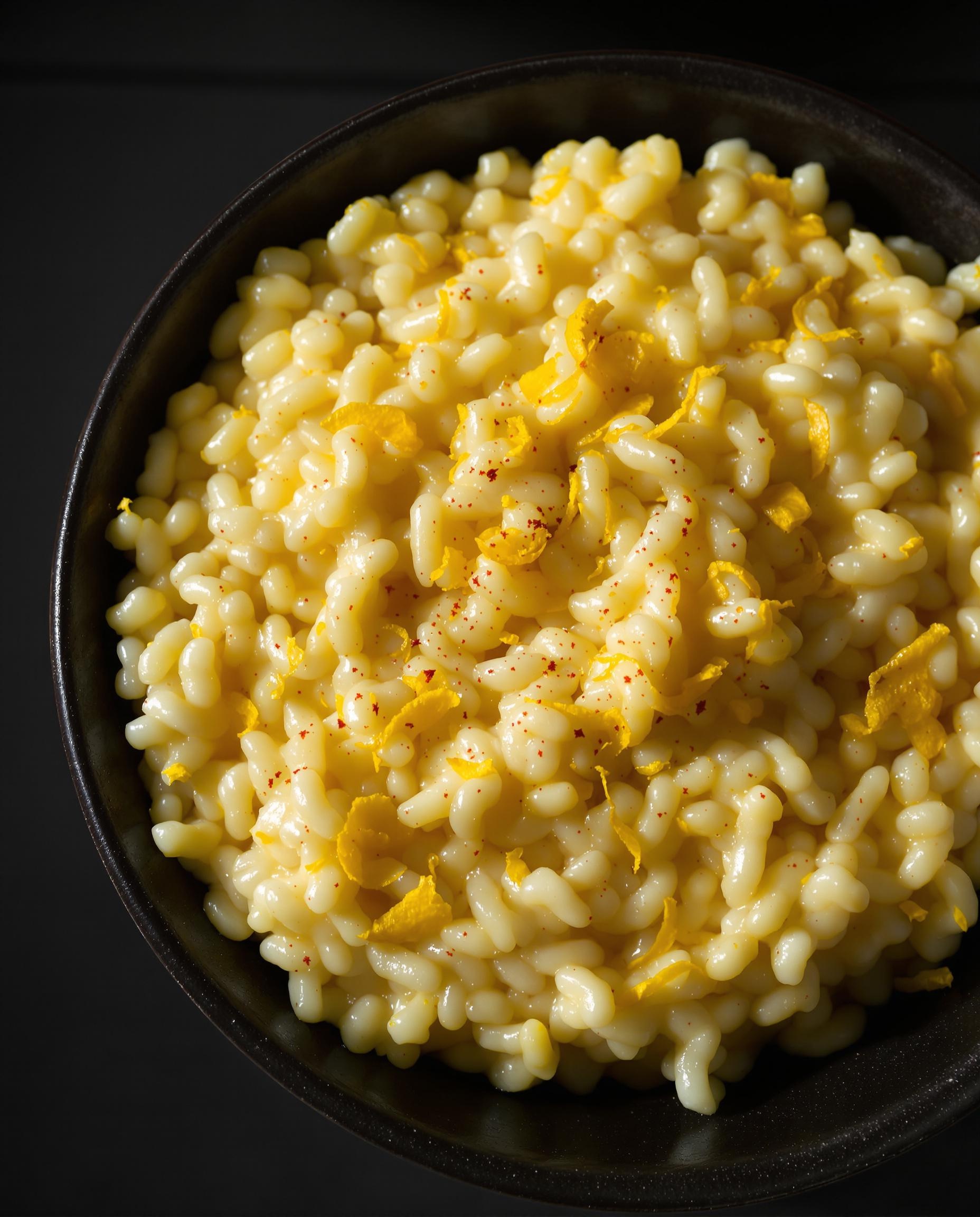bol de risotto crémeux au citron sur fond sombre