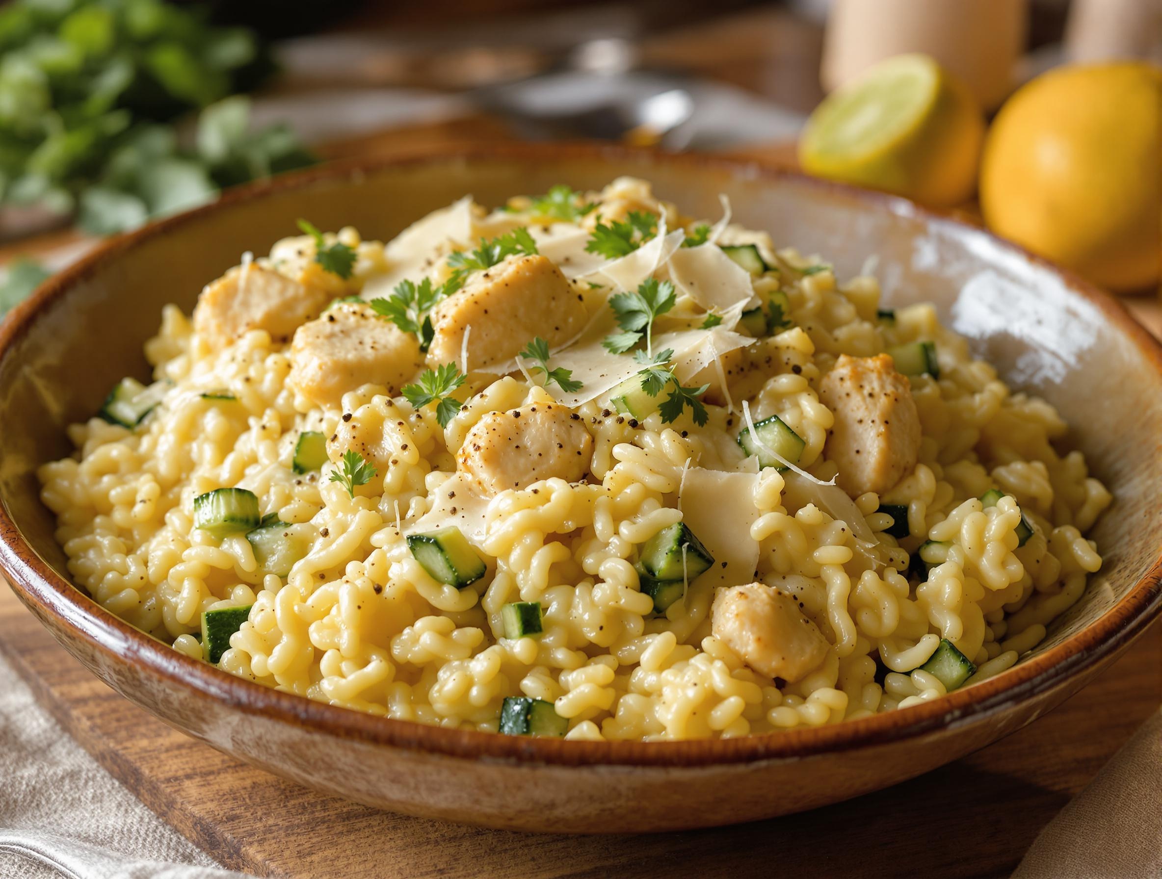 Risotto poulet courgette crémeux en assiette céramique artisanale lyonnaise