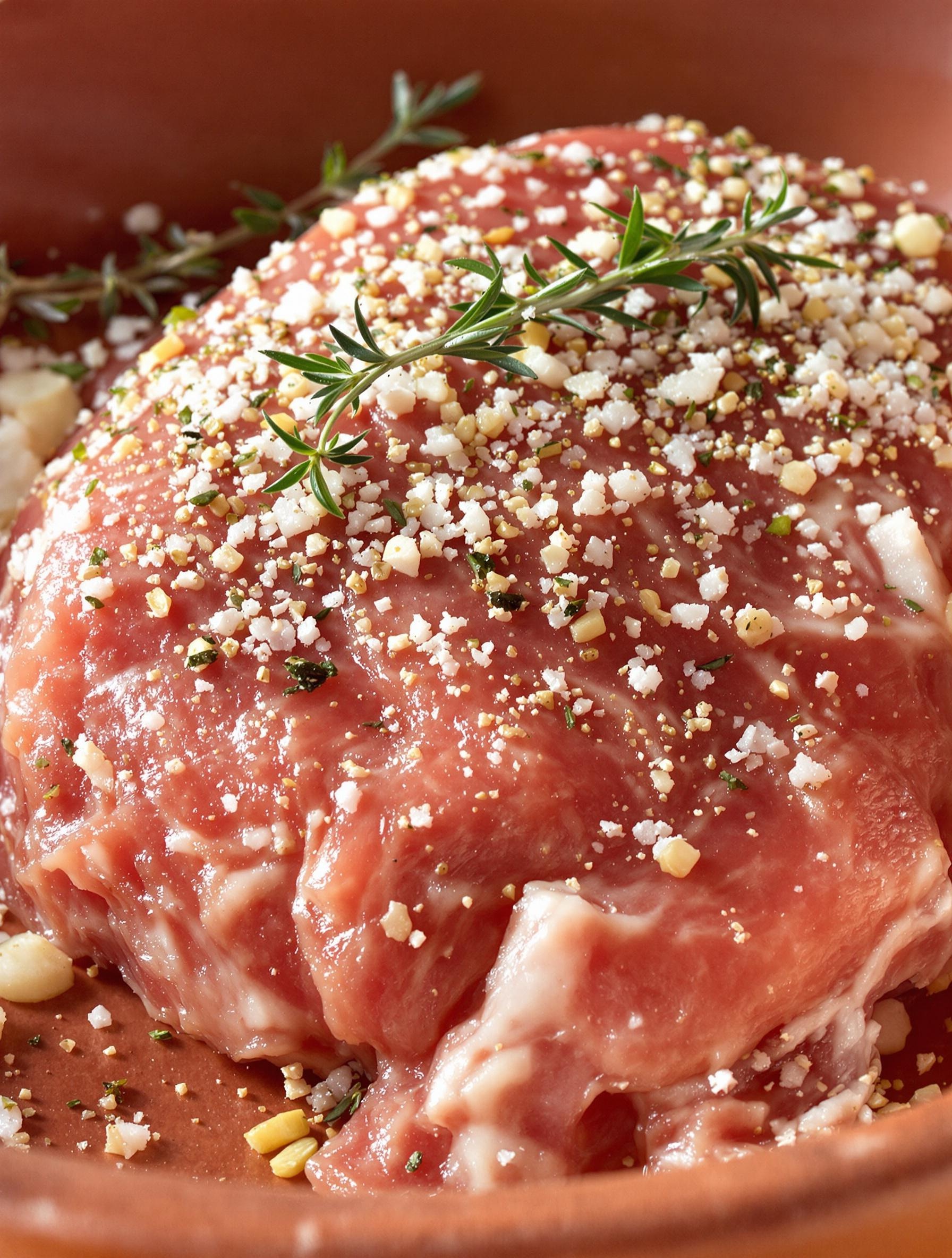 Rouelle de porc crue assaisonnée avec échalotes et thym