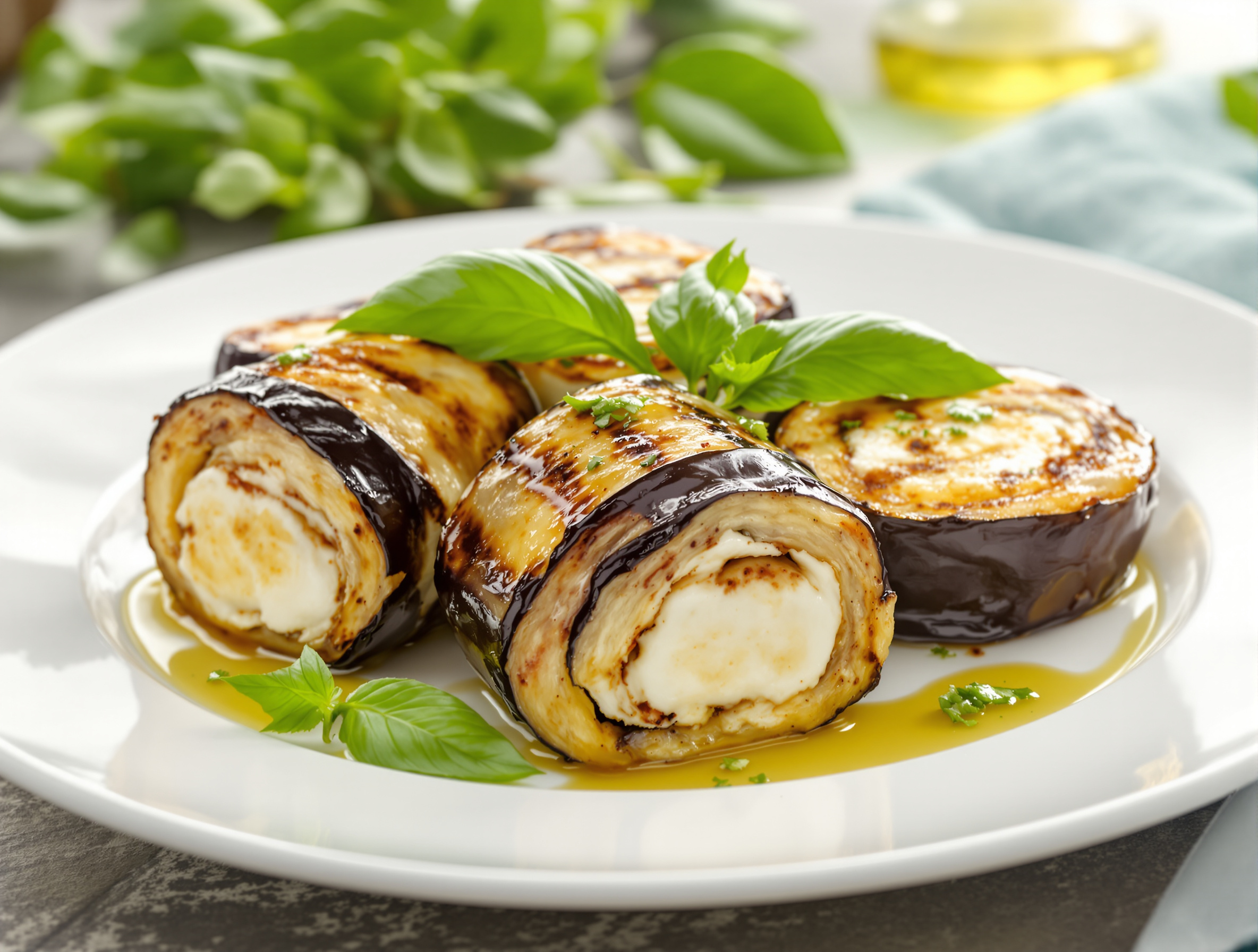Une assiette blanche avec trois ou quatre rouleaux d'aubergine grillée farcis à la ricotta, parsemés de basilic frais et d'un filet d'huile d'olive. L'aspect est frais, élégant et appétissant.