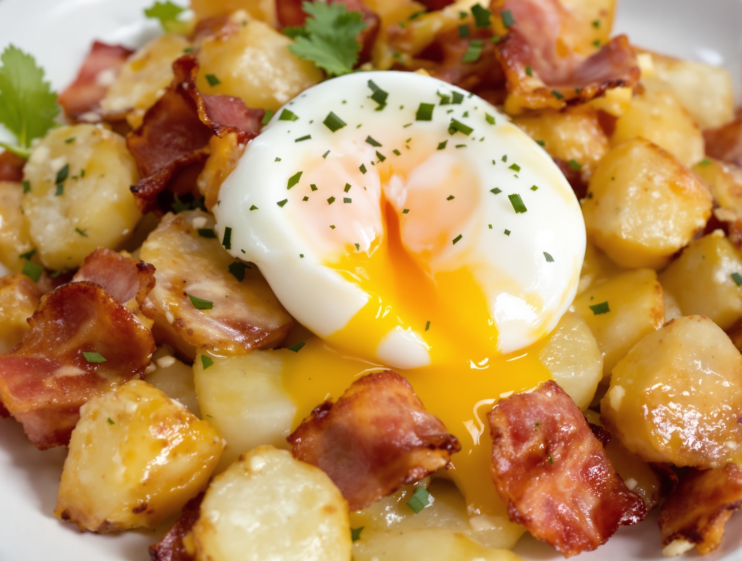 Salade de pommes de terre dressée avec œuf mollet coulant, lardons croustillants et vinaigrette brillante.
