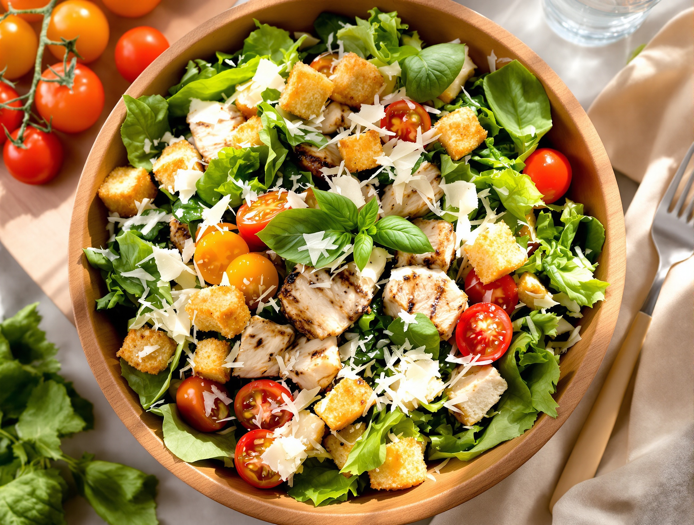 Salade verte colorée avec morceaux de poulet grillé, tomates cerises, parmesan et croûtons dorés.