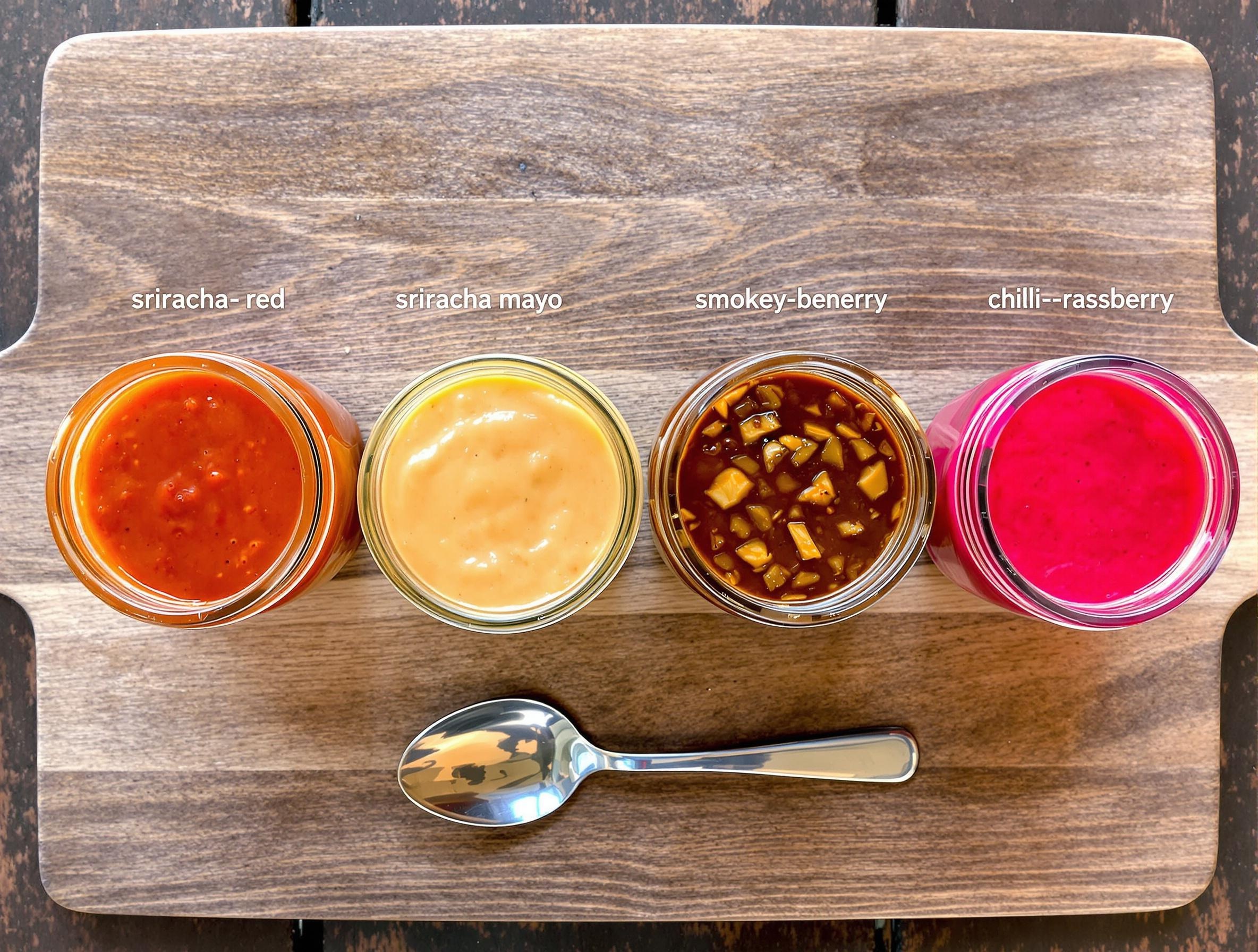 Quatre sauces sriracha maison variées : classique, mayo, fumée et framboise, présentées sur une planche en bois rustique