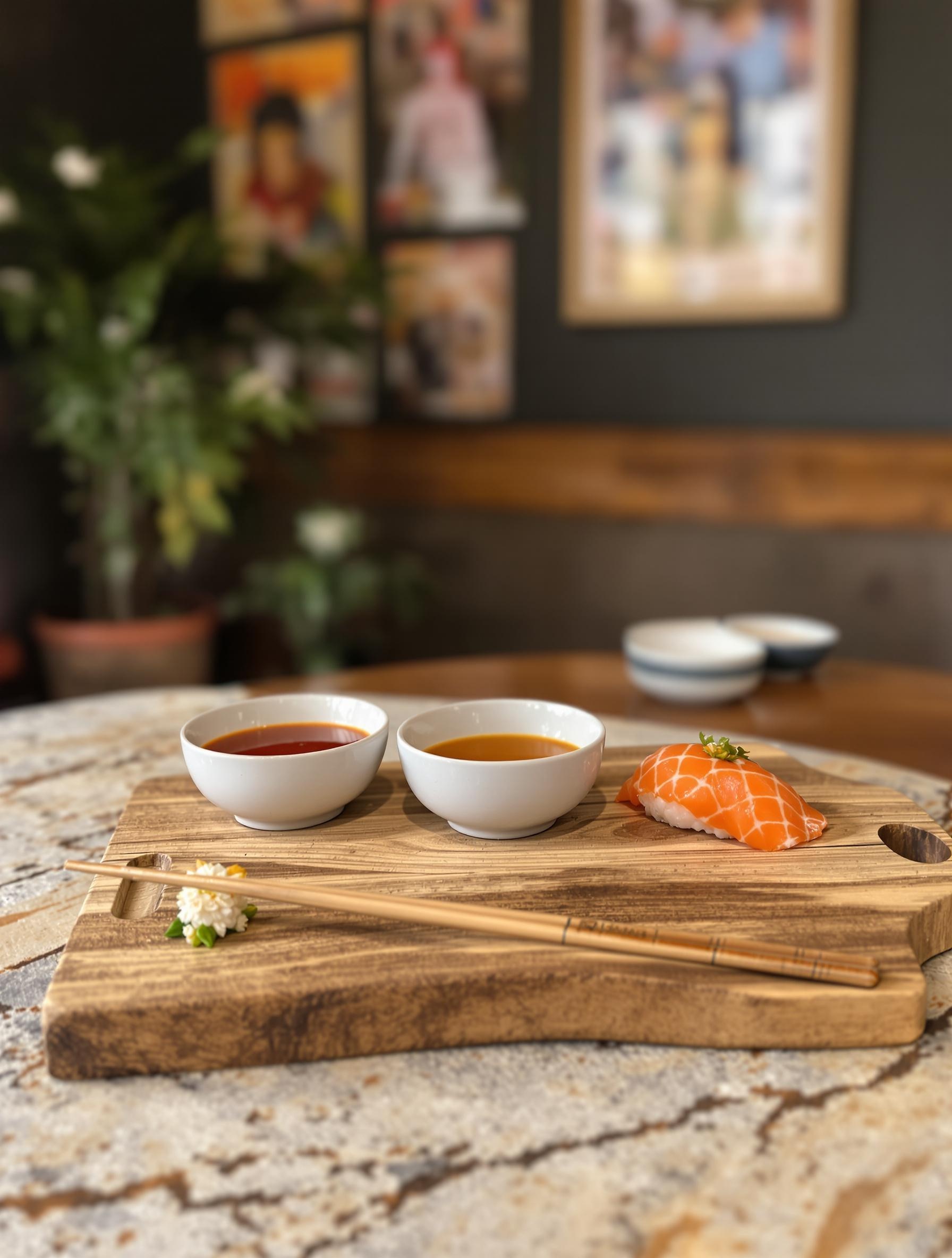 Trois sauces pour sushi sur un plateau en bois dans une ambiance bistrot lyonnais