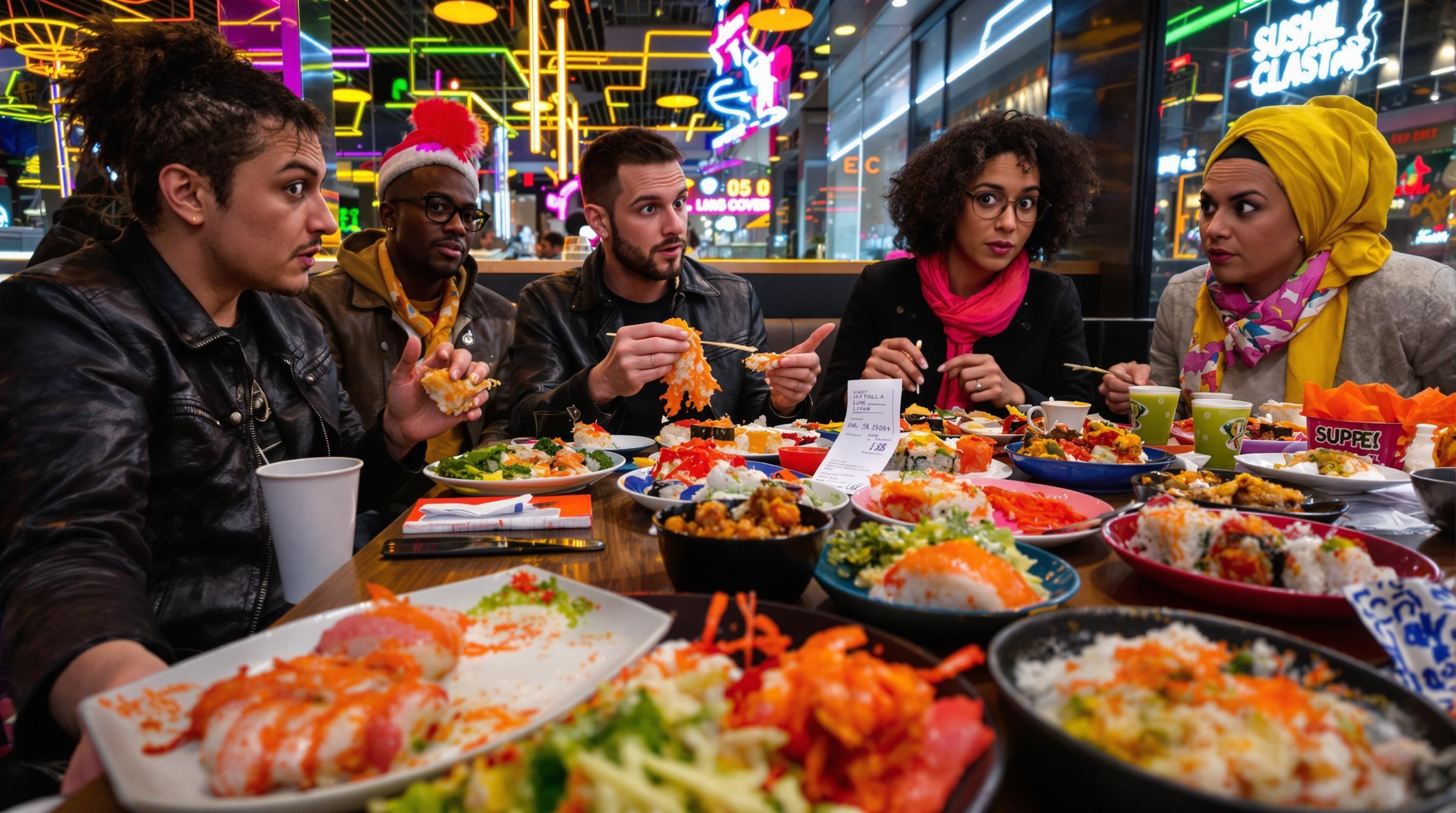 Table garnie de sushis et addition cornaquée par des regards surpris dans une ambiance urbaine et pop