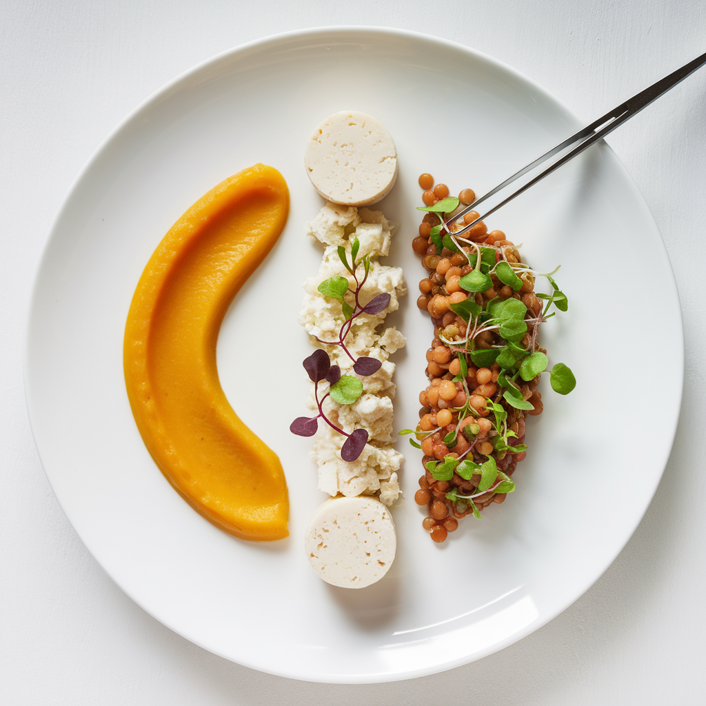 Schéma de dressage créatif avec boudin blanc, purée de butternut et lentilles corail