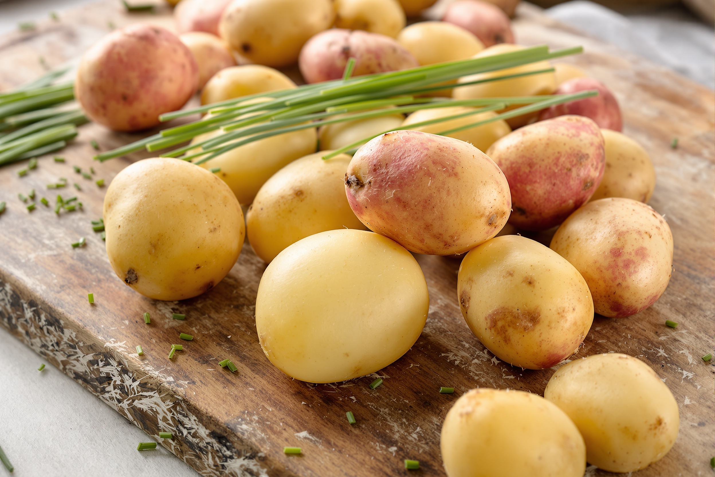 Sélection variée de pommes de terre à chair ferme sur planche rustique avec ciboulette fraîche.