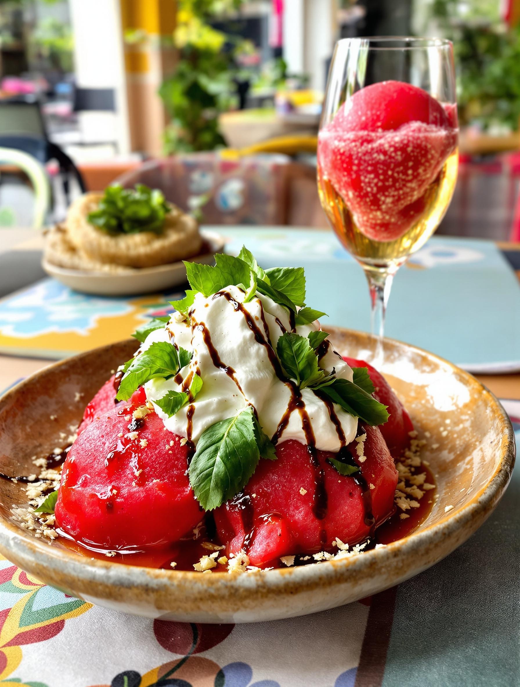 Sorbet fraise dressé avec chantilly coco, basilic frais, réduction balsamique et verre de prosecco