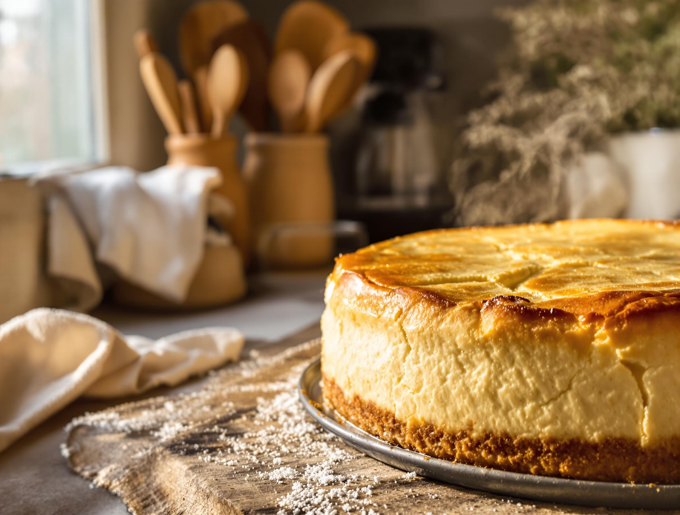 Sortie de four d’un gâteau au fromage blanc, dôme doré prêt à dégonfler