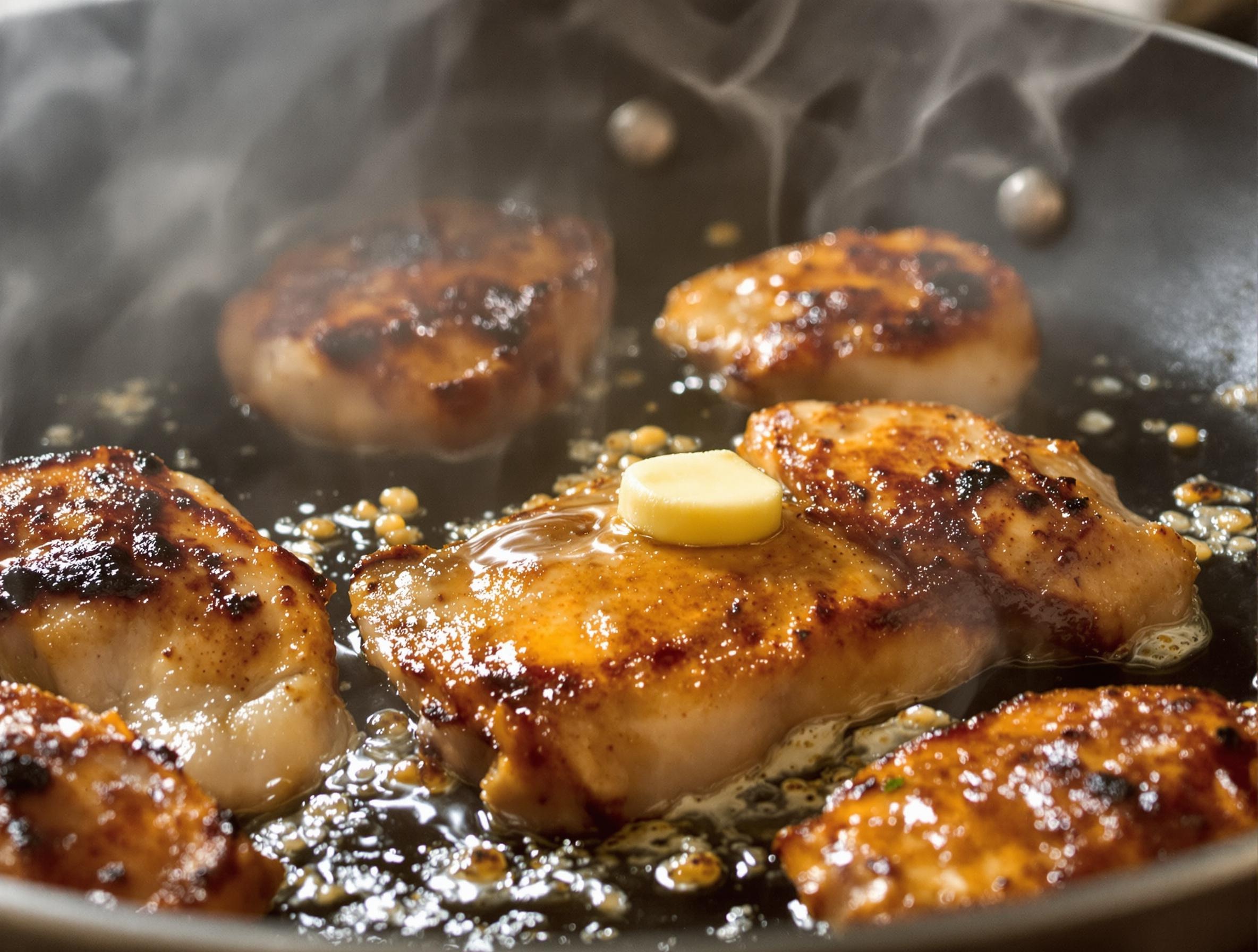 Gros plan sur des sot-l’y-laisse dorés à la poêle avec beurre et vapeur, cuisine lyonnaise