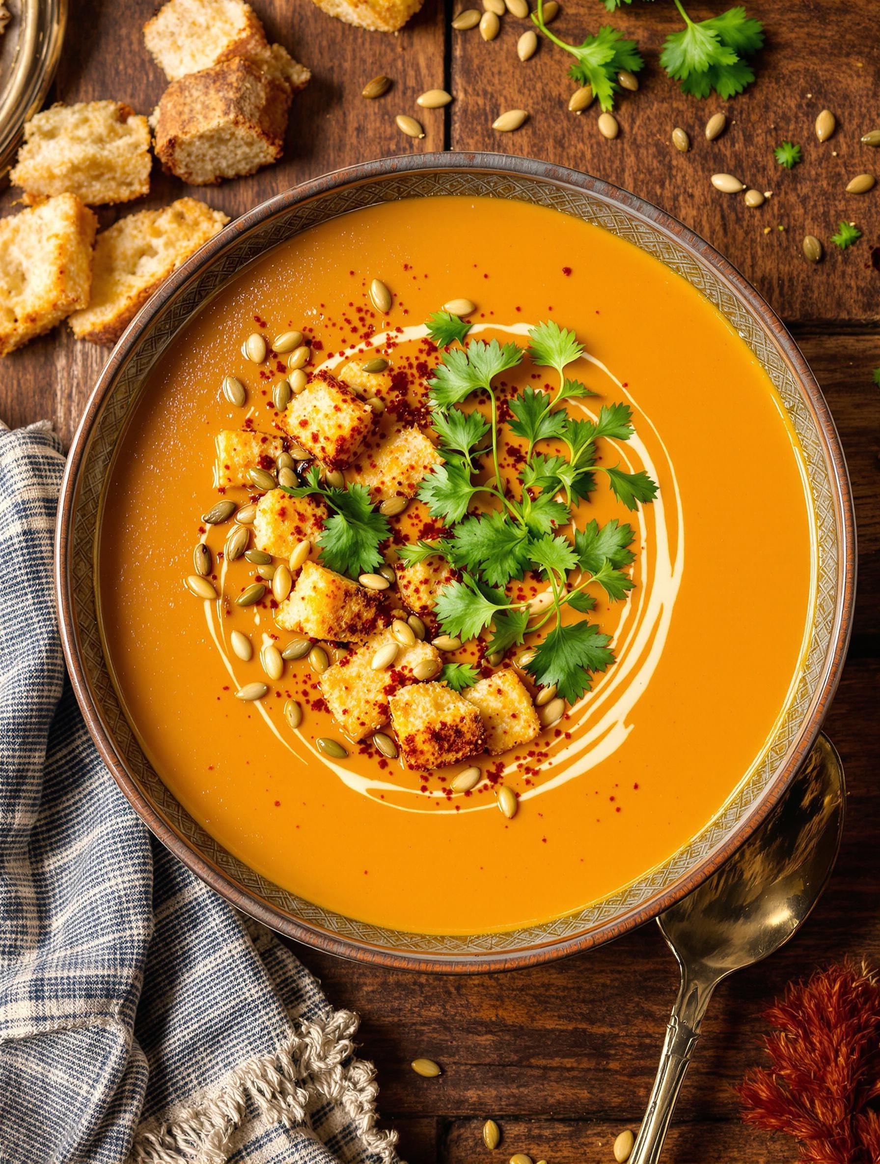 Soupe de patate douce magnifiquement garnie avec des graines et de la coriandre fraîche.