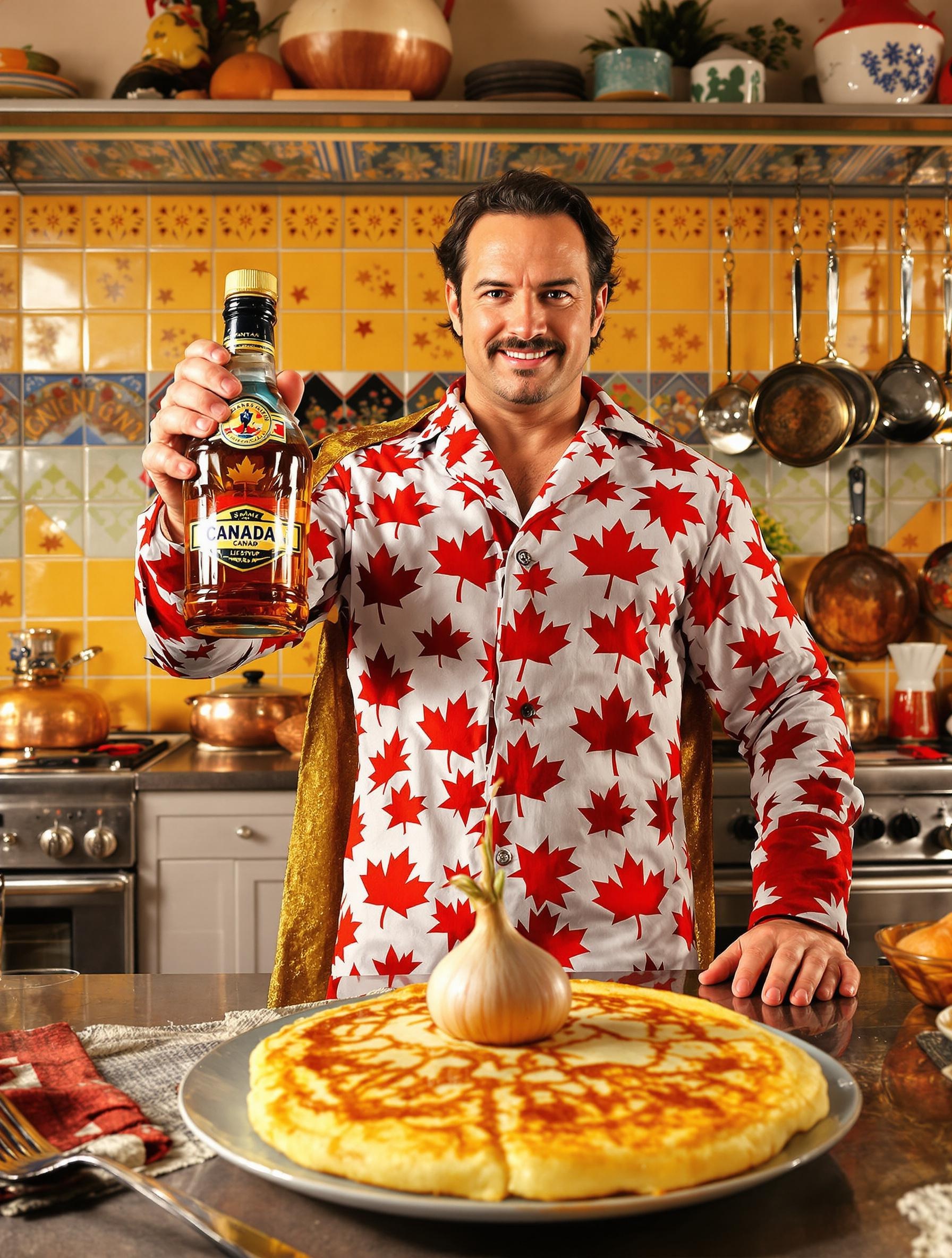 Super-héros canadien en pyjama avec sirop d'érable, échalote et pancakes.