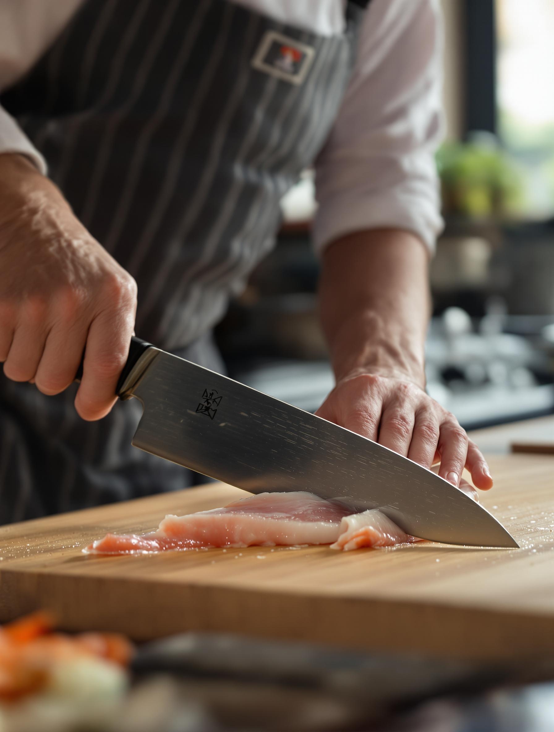 Un sushiman lyonnais maniant son couteau traditionnel pour découper du poisson ultra-frais.