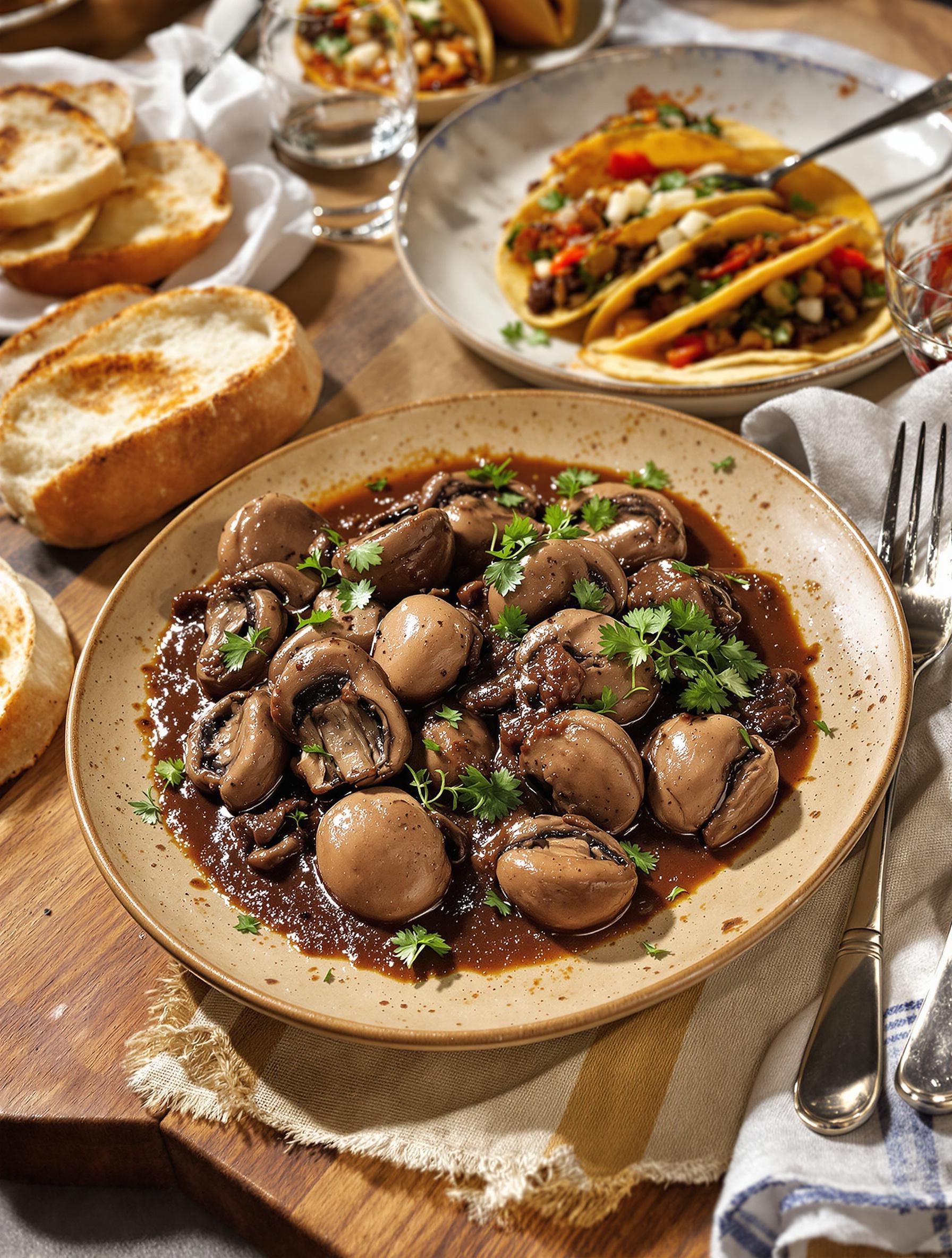 Assiette de bourguignon végétarien avec champignons portobello et cacao