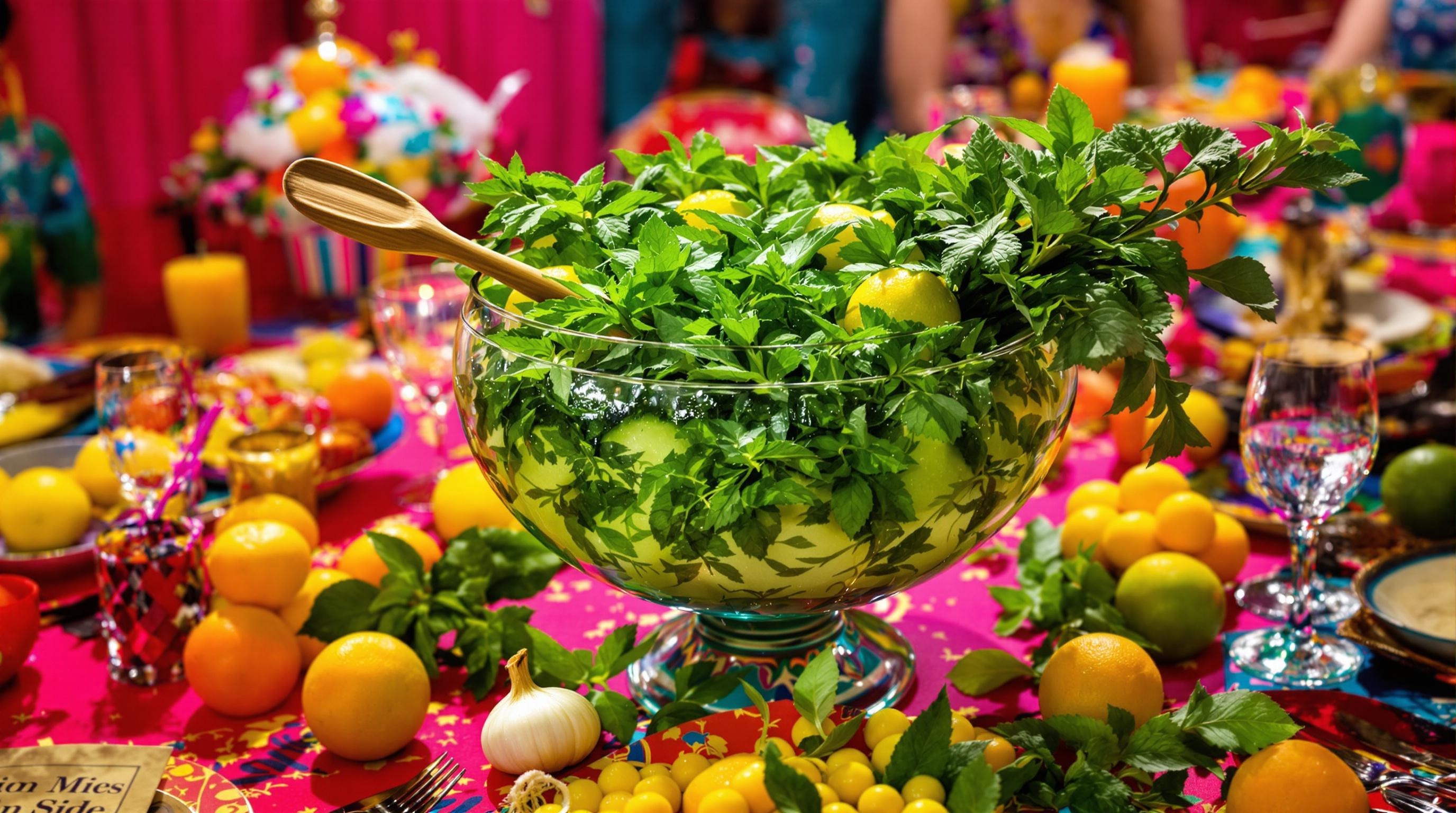 Table festive avec mojito géant, spatule bancale, échalote et menthe