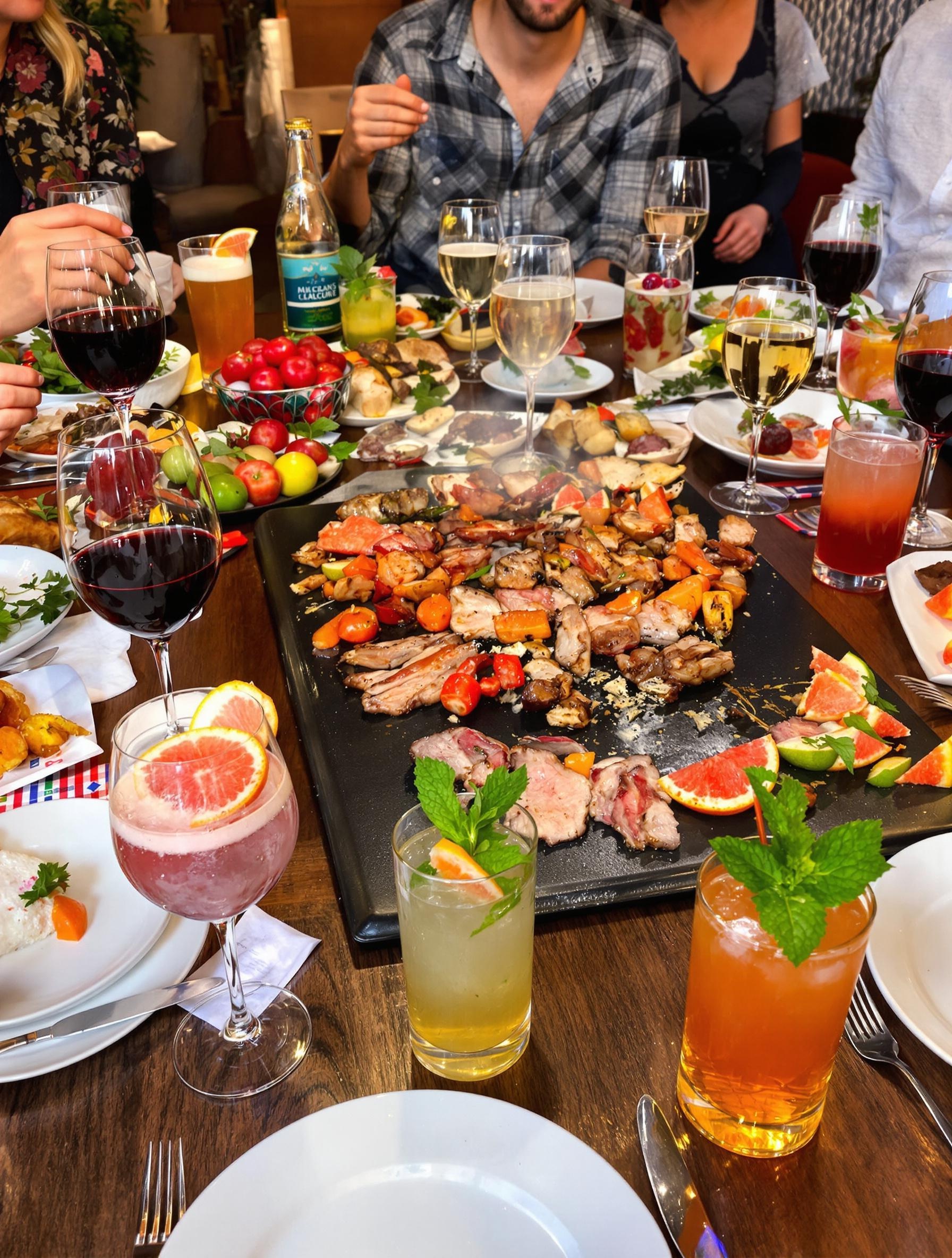 Table festive de pierrade avec verres de vin rouge, blanc, bières artisanales en pression et mocktails acidulés garnis de menthe et pamplemousse. Ambiance conviviale lyonnaise, lumière chaleureuse.