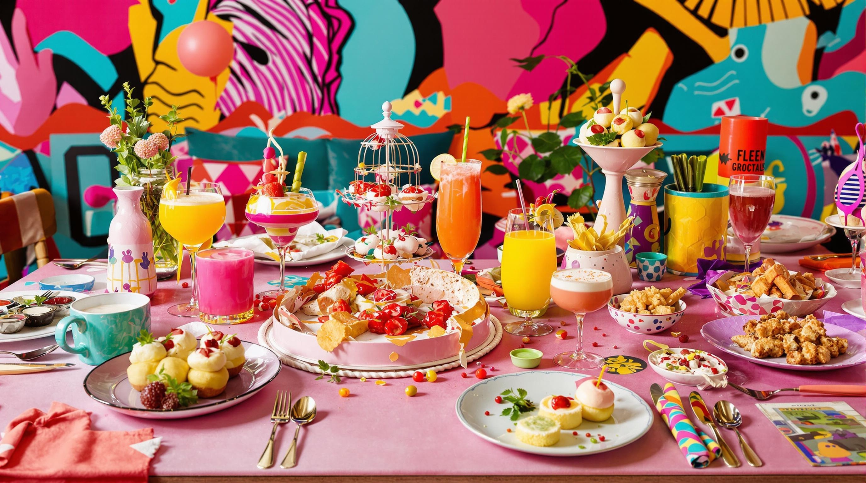 Table gastronomique avec des litchis frais, des desserts créatifs et des cocktails.