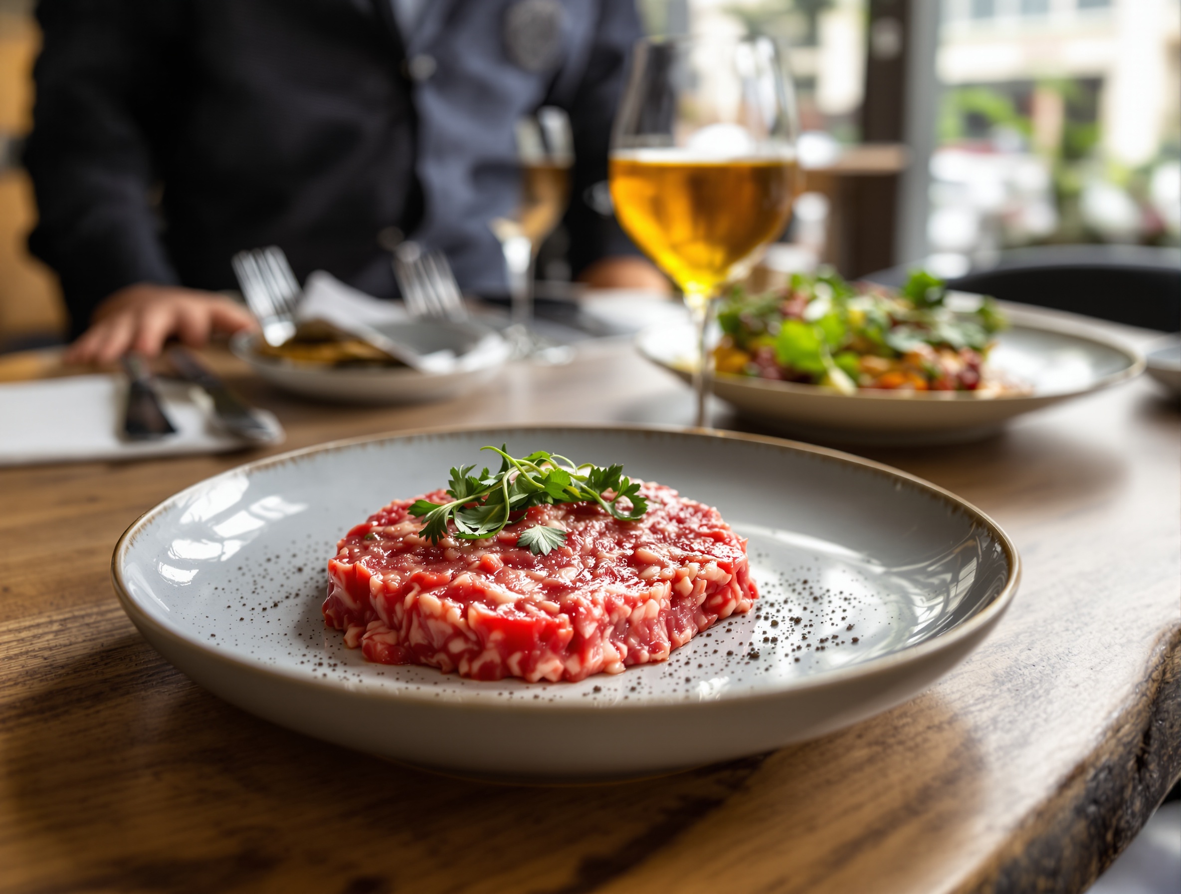 Tartare maison de Wagyu dressé sur une table chic parisienne