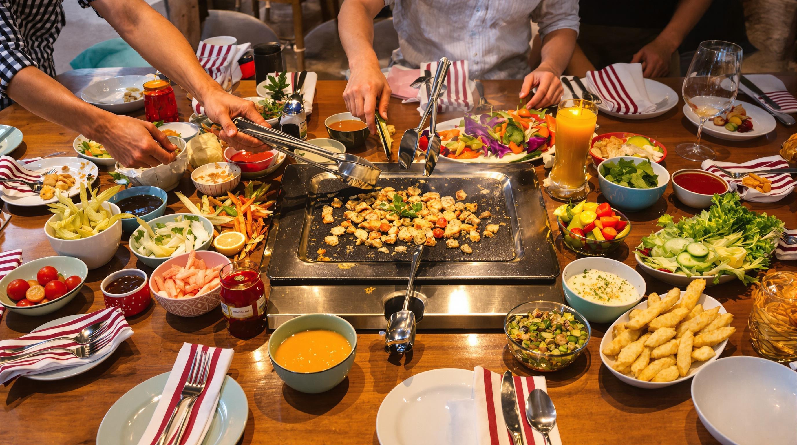 Organisation parfaite table pierrade coupelles sauces pinces lyonnaises.