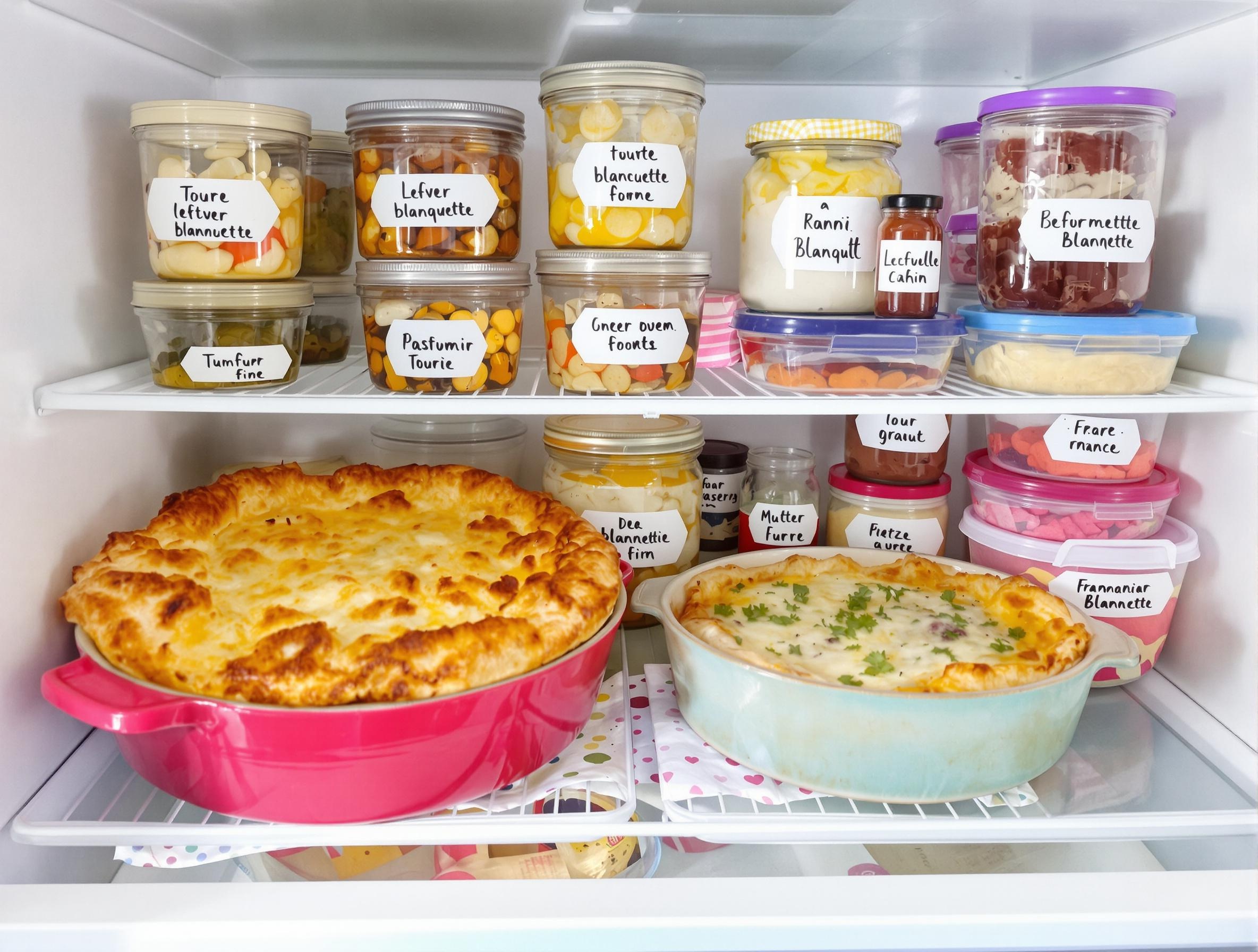 Tableau coloré avec bocaux étiquetés au frigo, tupperwares empilés, reste de blanquette en tourte dorée et gratin fumant.