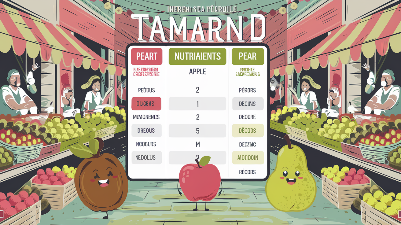 Tableau comparatif des nutriments majeurs du tamarin, de la pomme et de la poire.
