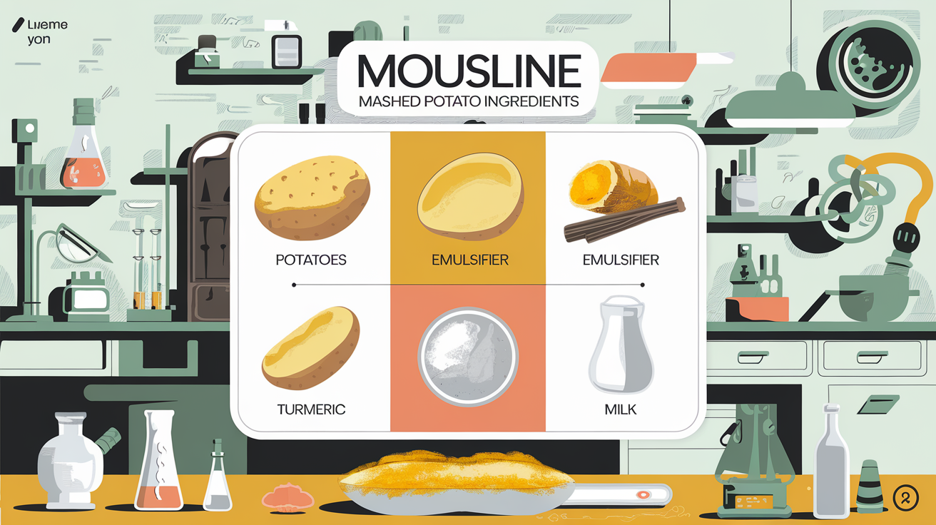 Tableau des ingrédients de la purée Mousline, avec pictogrammes de pommes de terre, émulsifiants et curcuma.