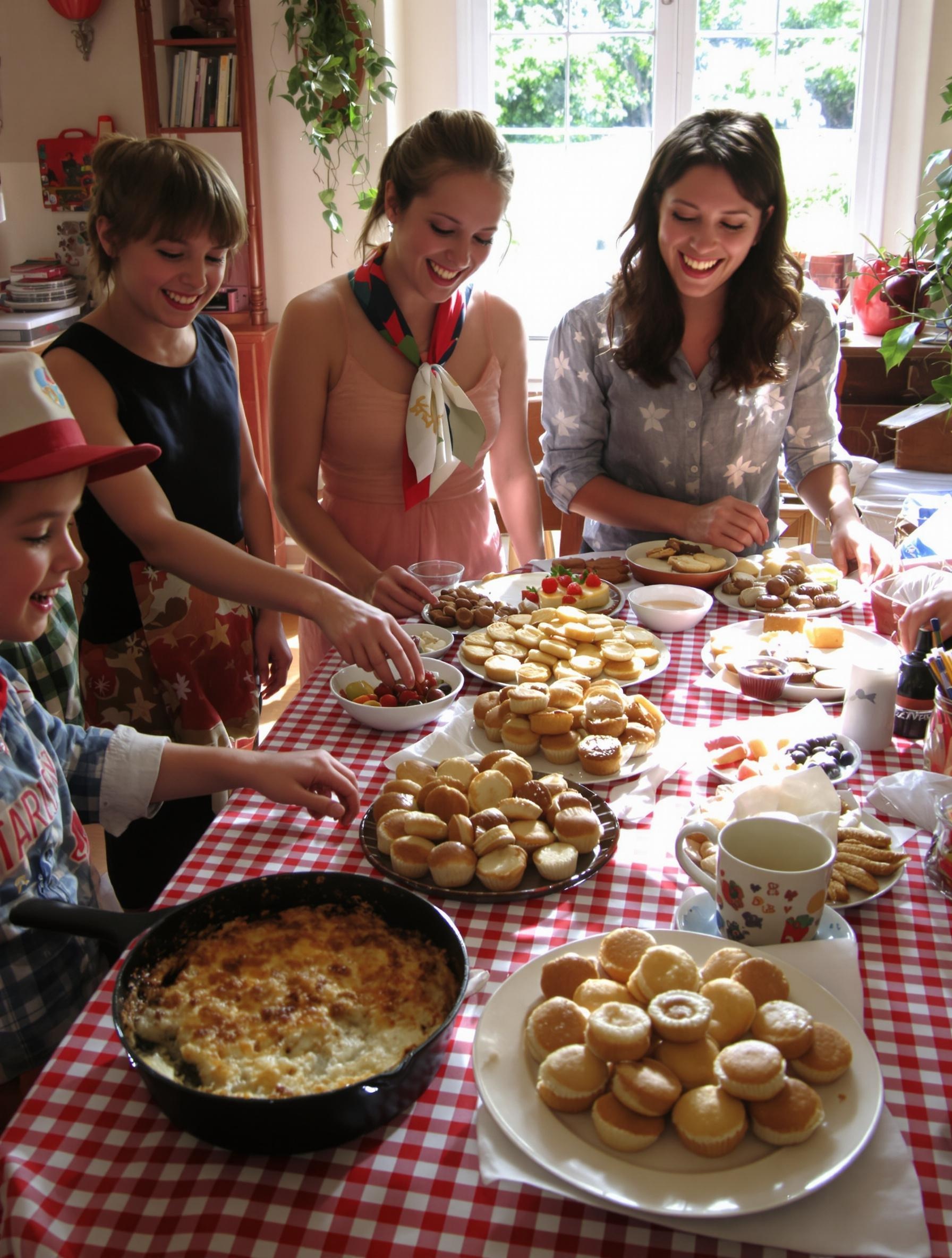 Goûters maison variés sur une table avec nappe vichy