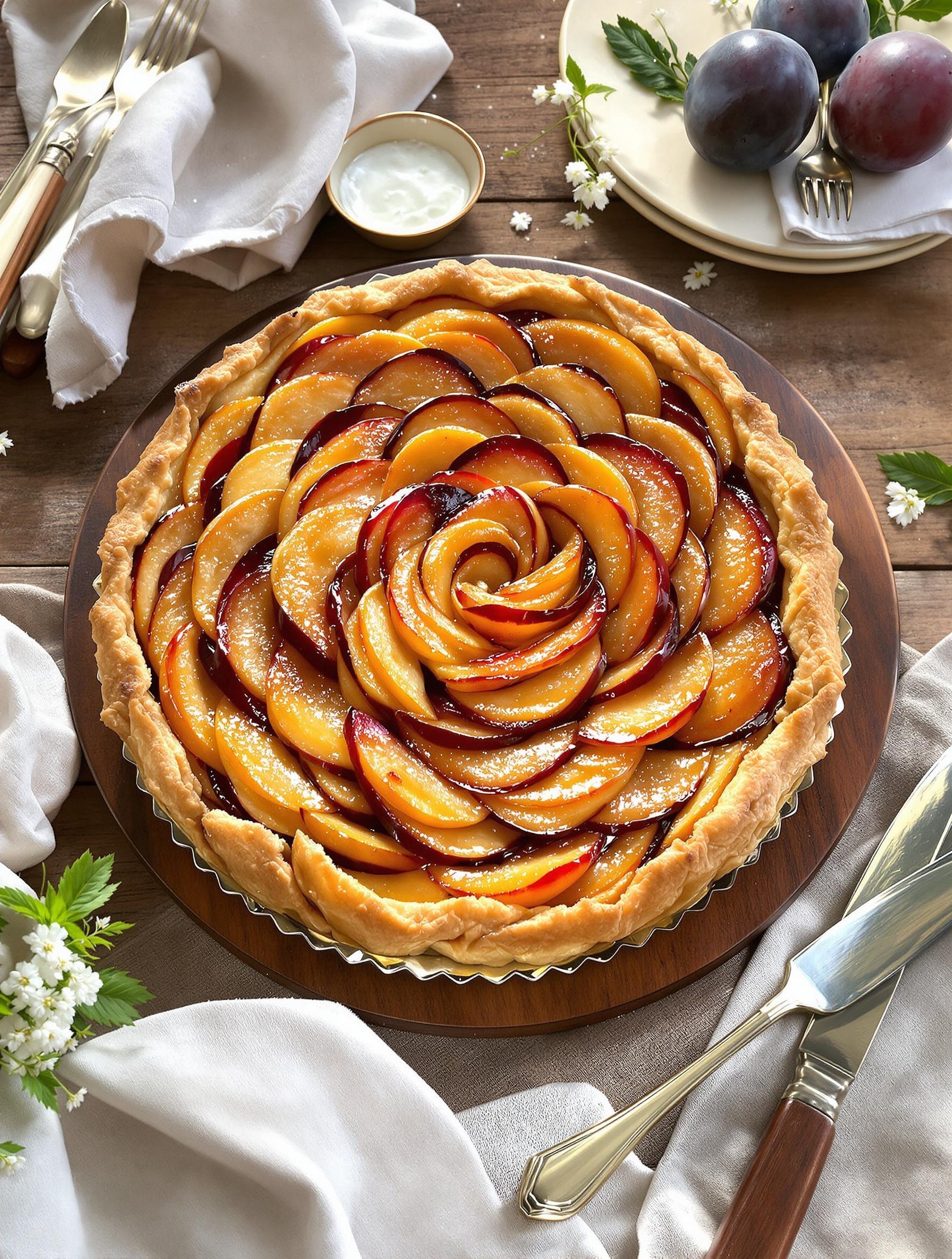 Tarte aux prunes joliment montée sur table rustique