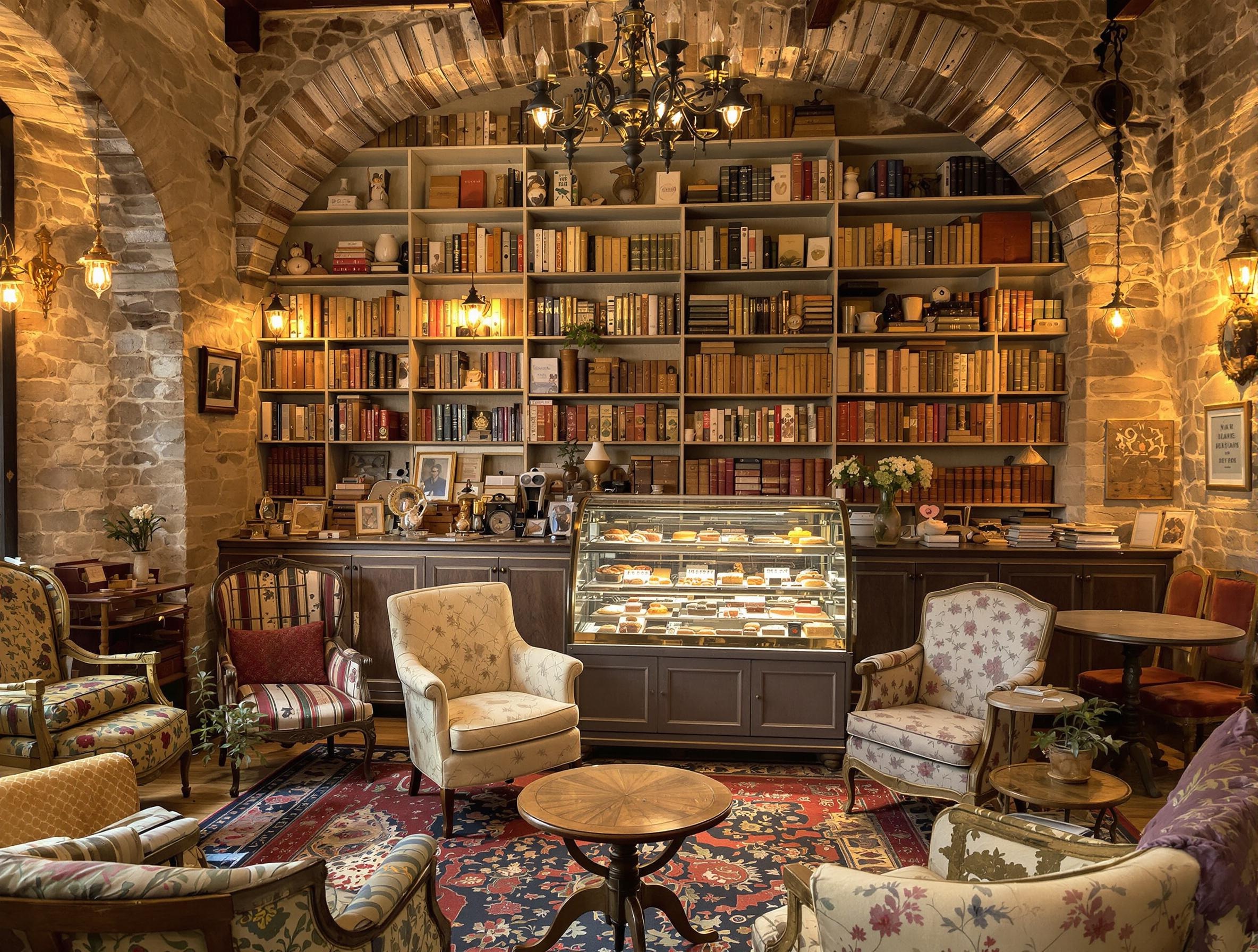 Intérieur cosy et vintage du tea shop Torü à Lyon avec murs en pierres dorées