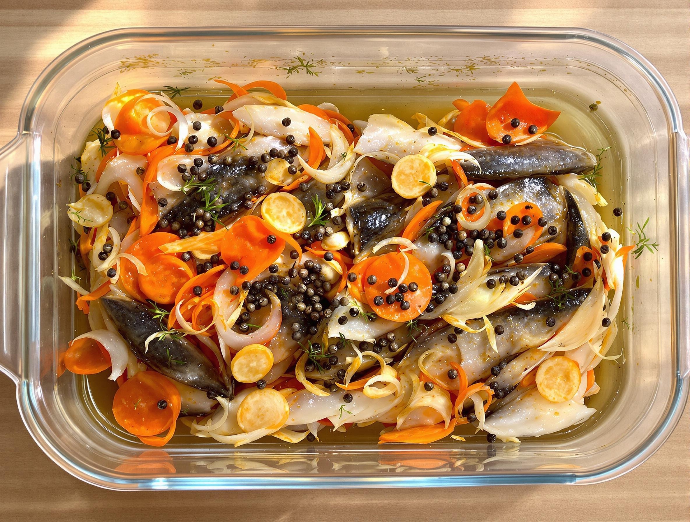 Terrine transparente contenant des filets de hareng superposés avec échalotes et carottes, marinade claire à mi-hauteur.