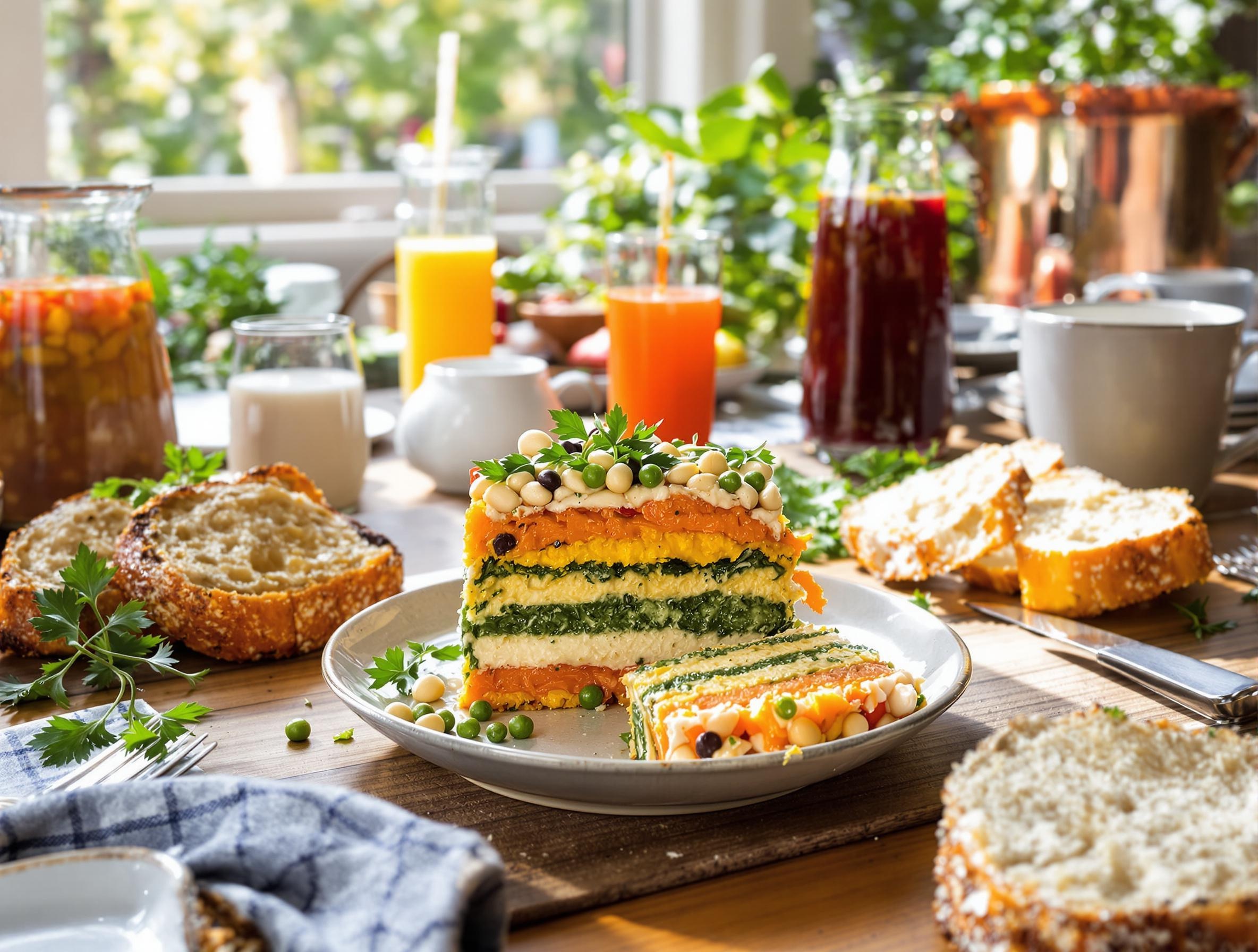Terrine végétale multicolore, tenue impeccable grâce à l’agar-agar.