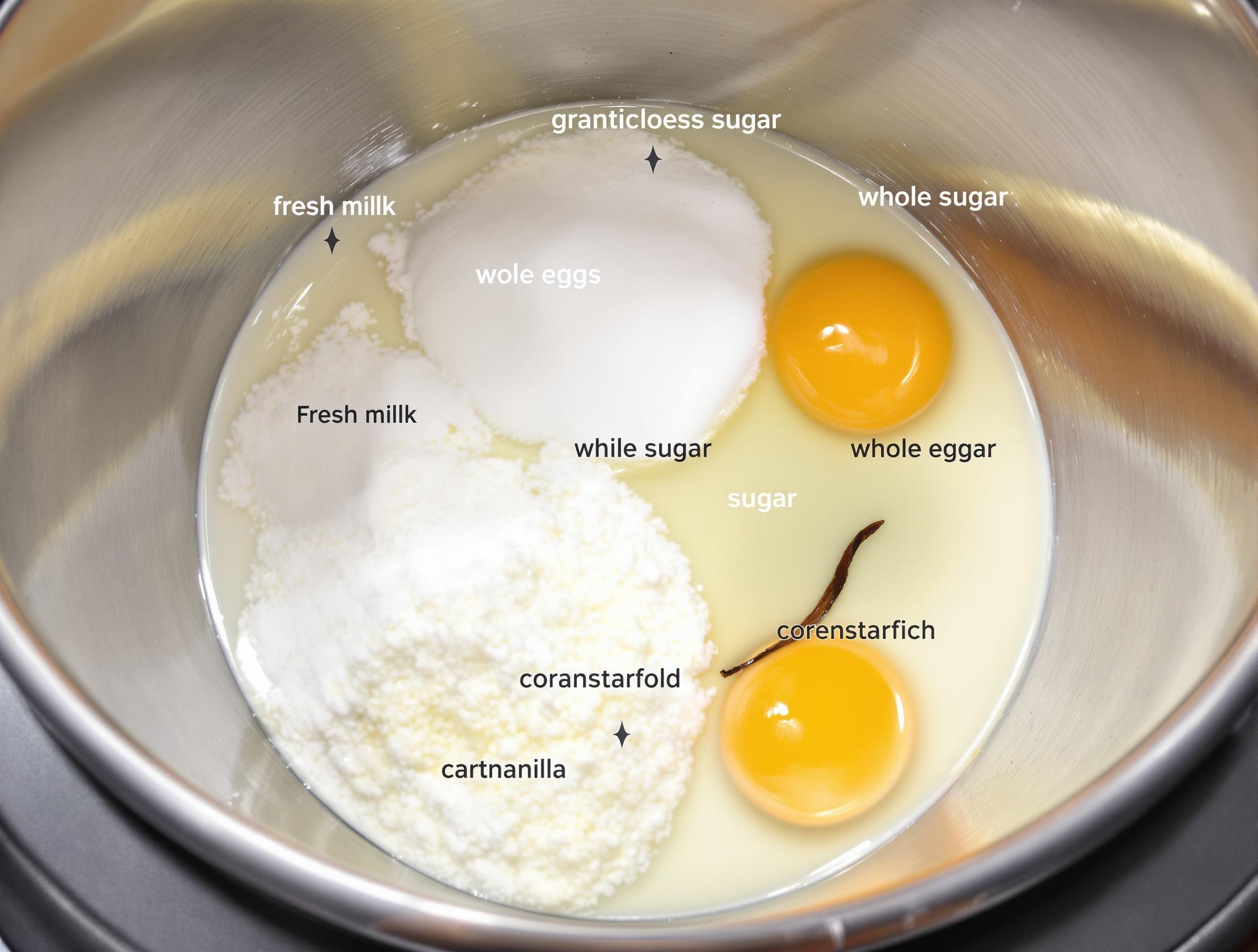 Bol Thermomix TM6 avec ingrédients alignés pour une crème vanille.