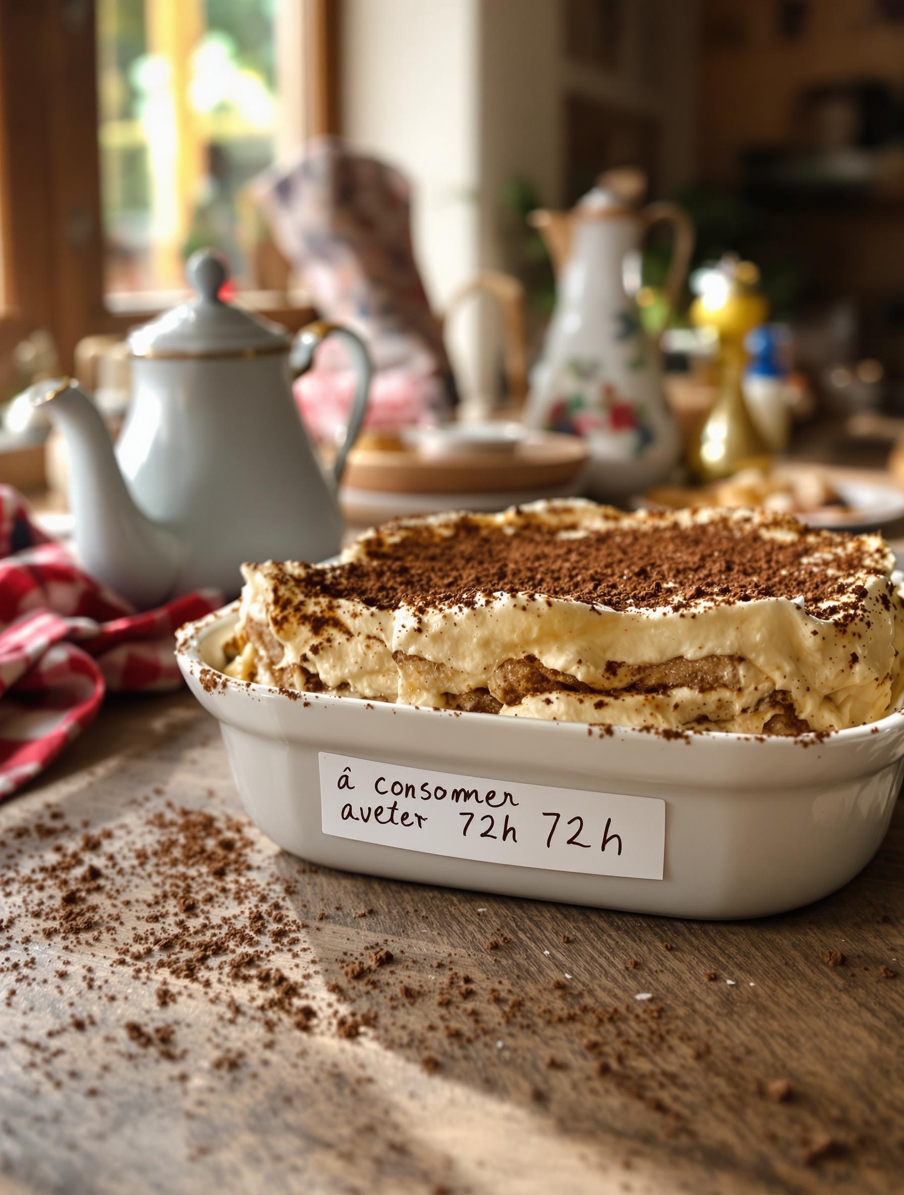 Plat de tiramisu filmé, étiquette 'à consommer avant 72h', ambiance cuisine familiale lyonnaise.