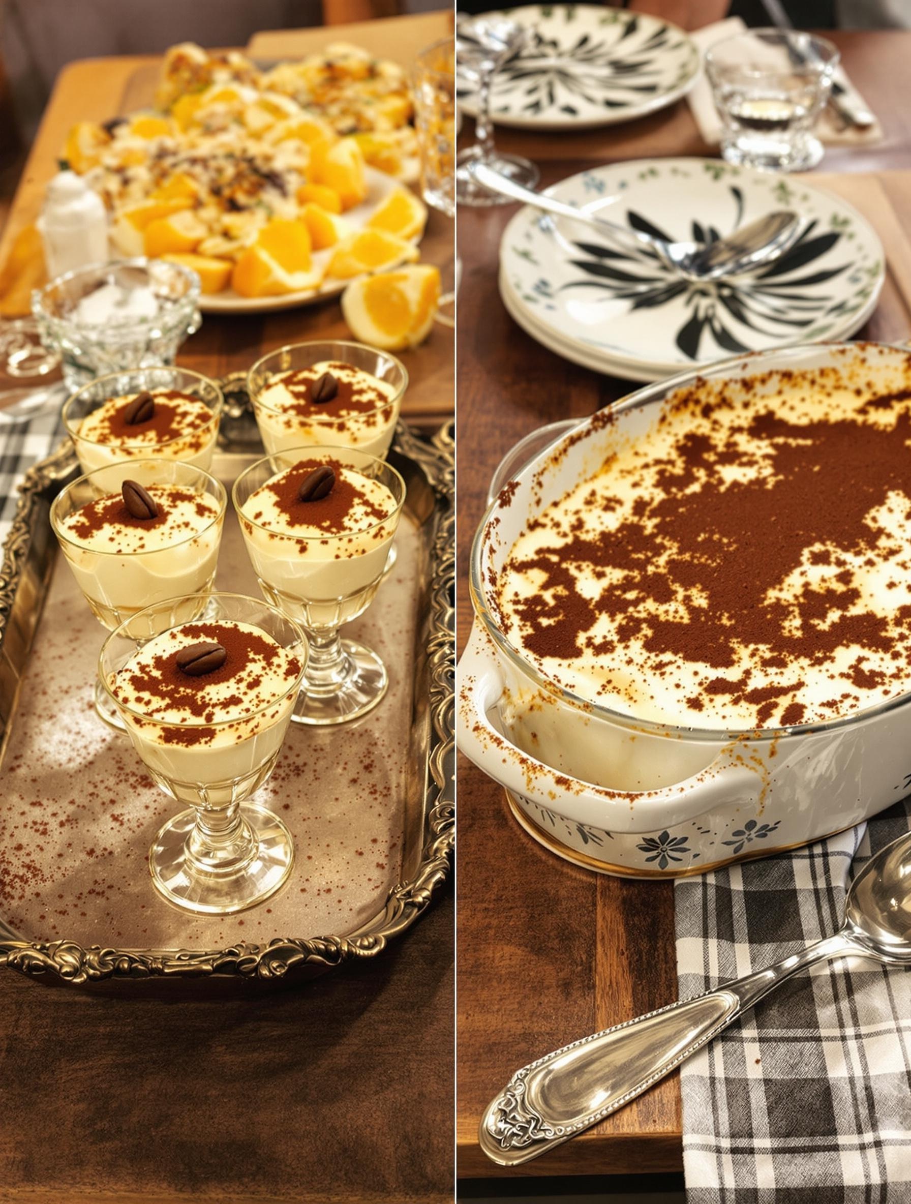 Deux façons de servir le tiramisu : coupelles individuelles chics et plat familial copieux, ambiance bouchon lyonnais.
