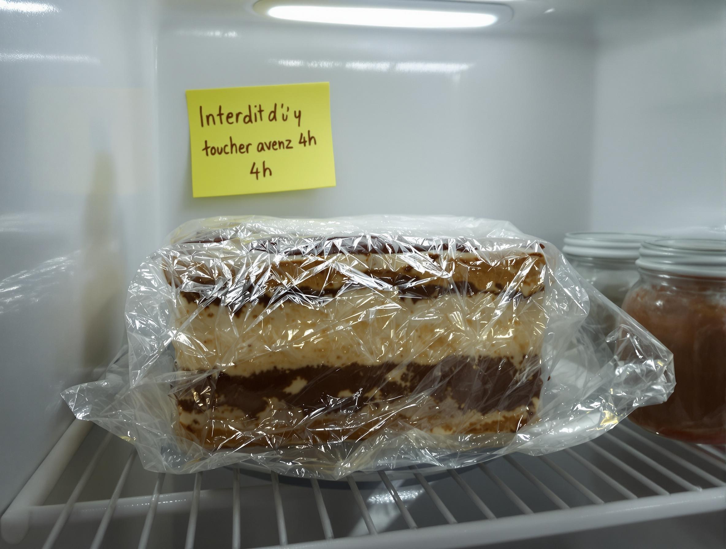Tiramisu filmé au frigo avec post-it Interdit avant 4h.