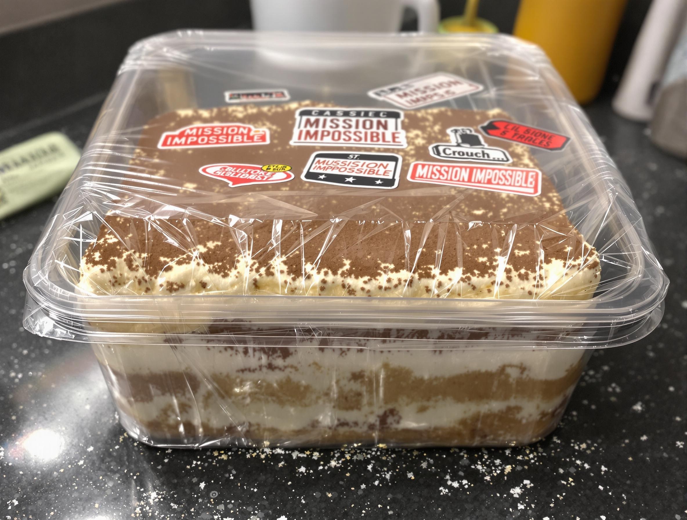 Tiramisu transporté dans boîte hermétique avec stickers 'Mission Impossible'.
