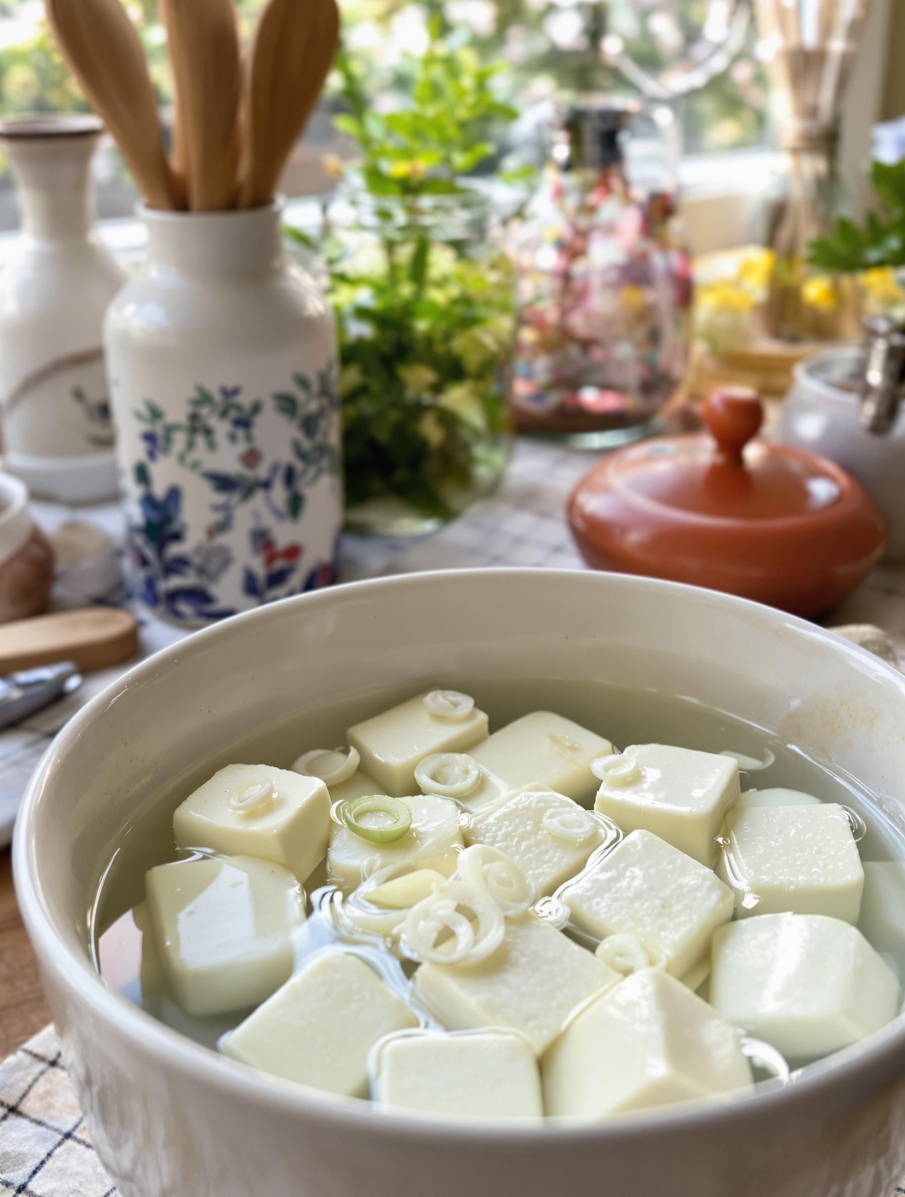 Tofu artisanal conservé dans l'eau avec échalotes
