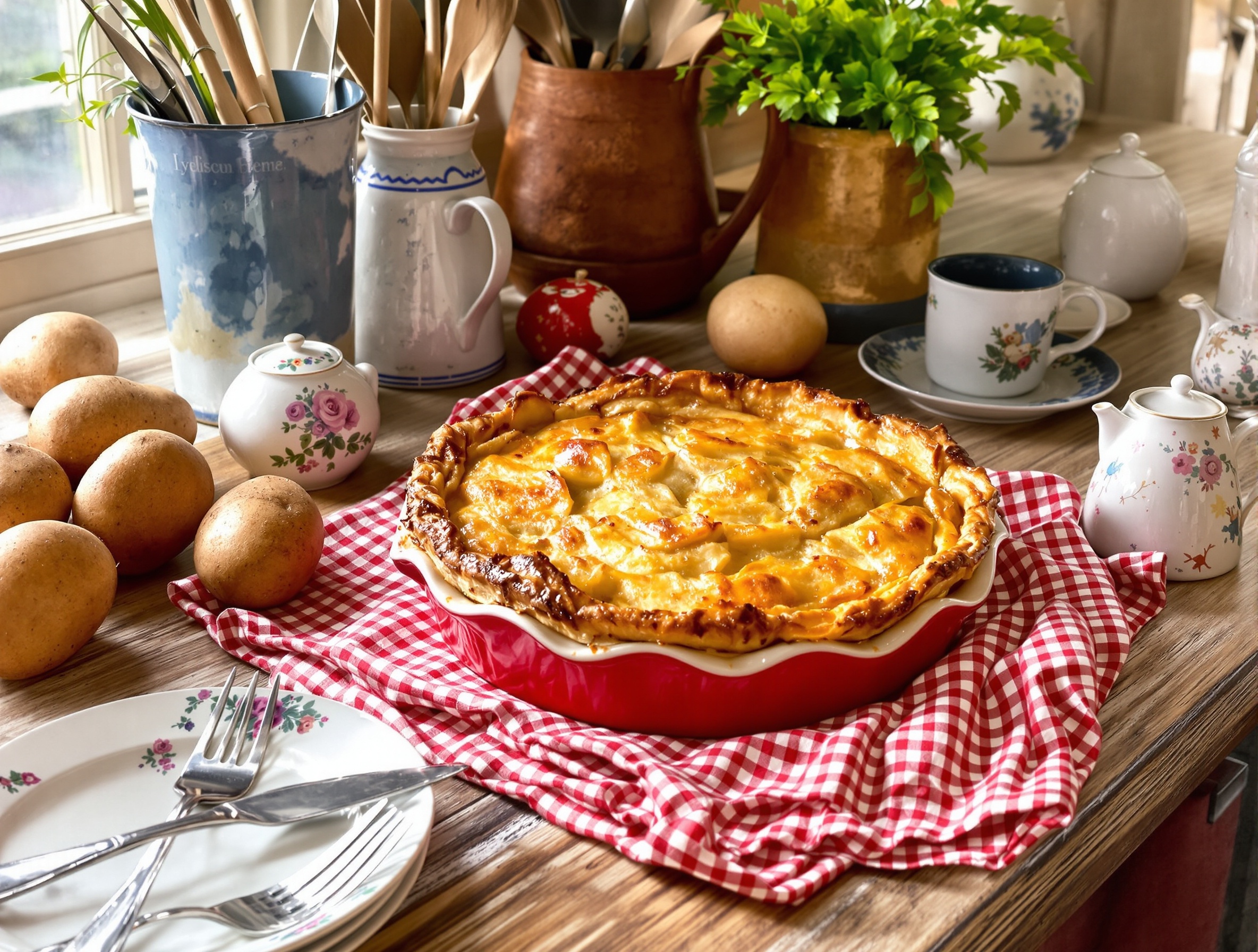 Tourte poulet pomme de terre dorée, ambiance lyonnaise, fourchette tordue