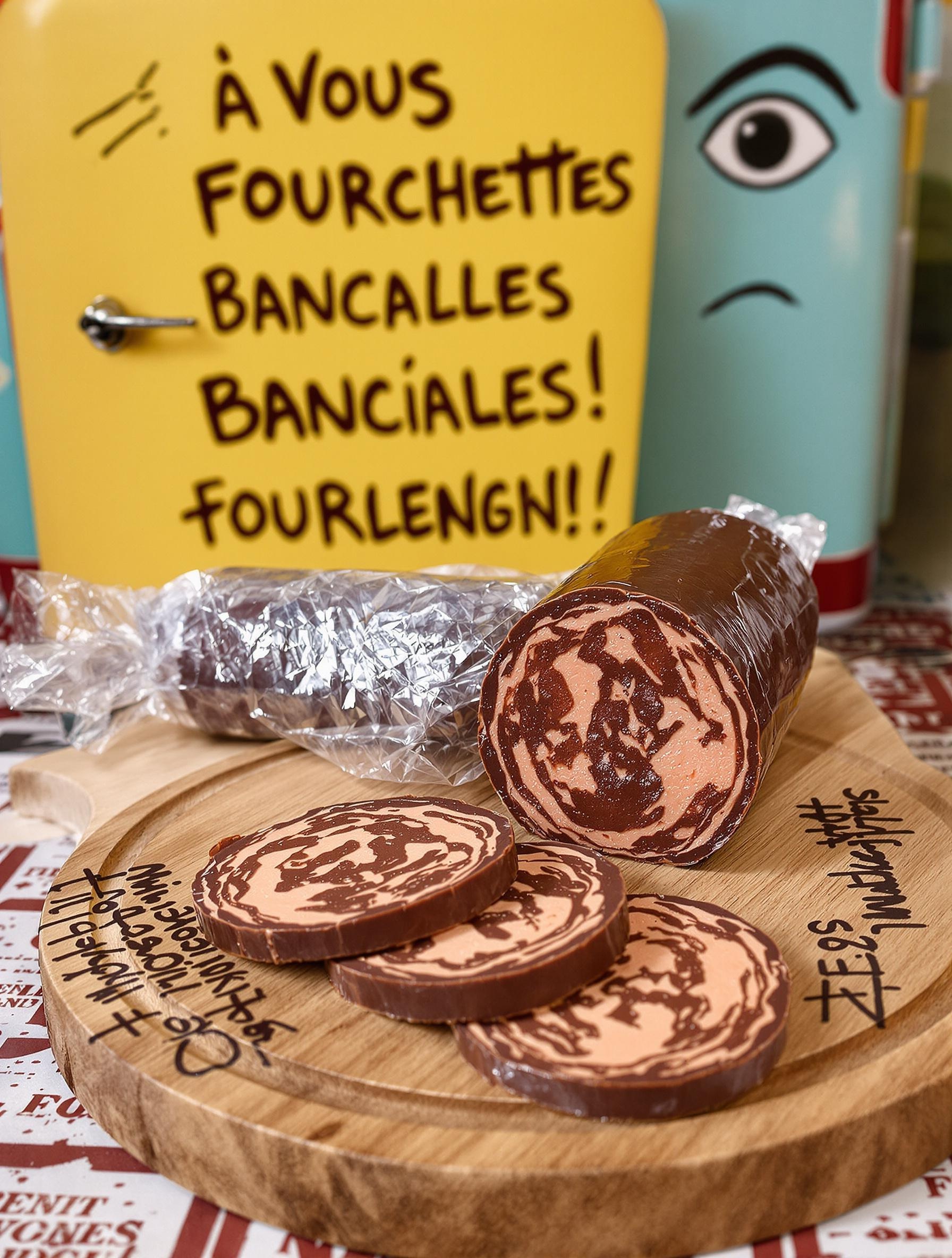 Saucisson au chocolat tranché entouré de cellophane, planche en bois et frigo vintage en arrière-plan.