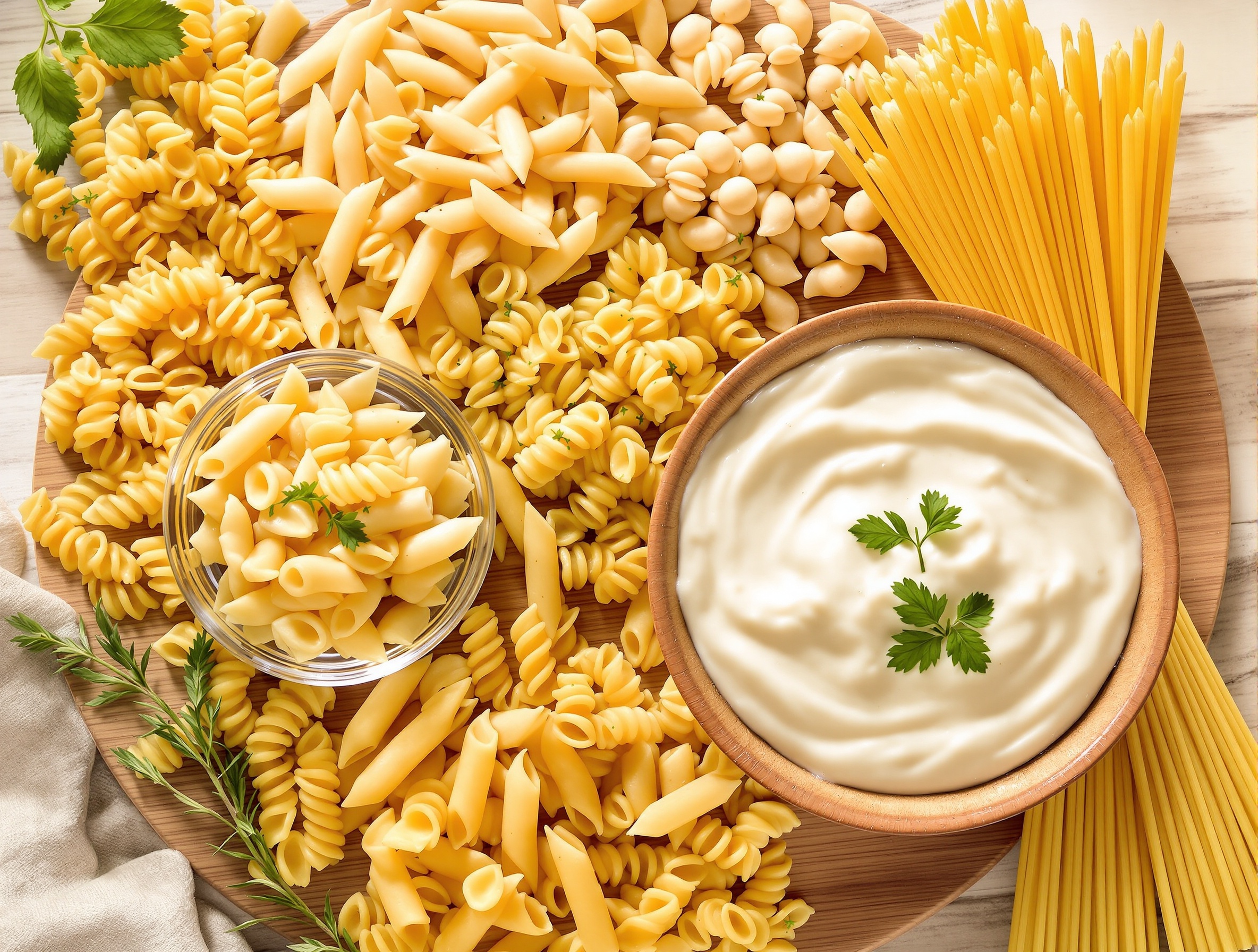 Variétés de pâtes sans gluten et bol de sauce crémeuse au Boursin