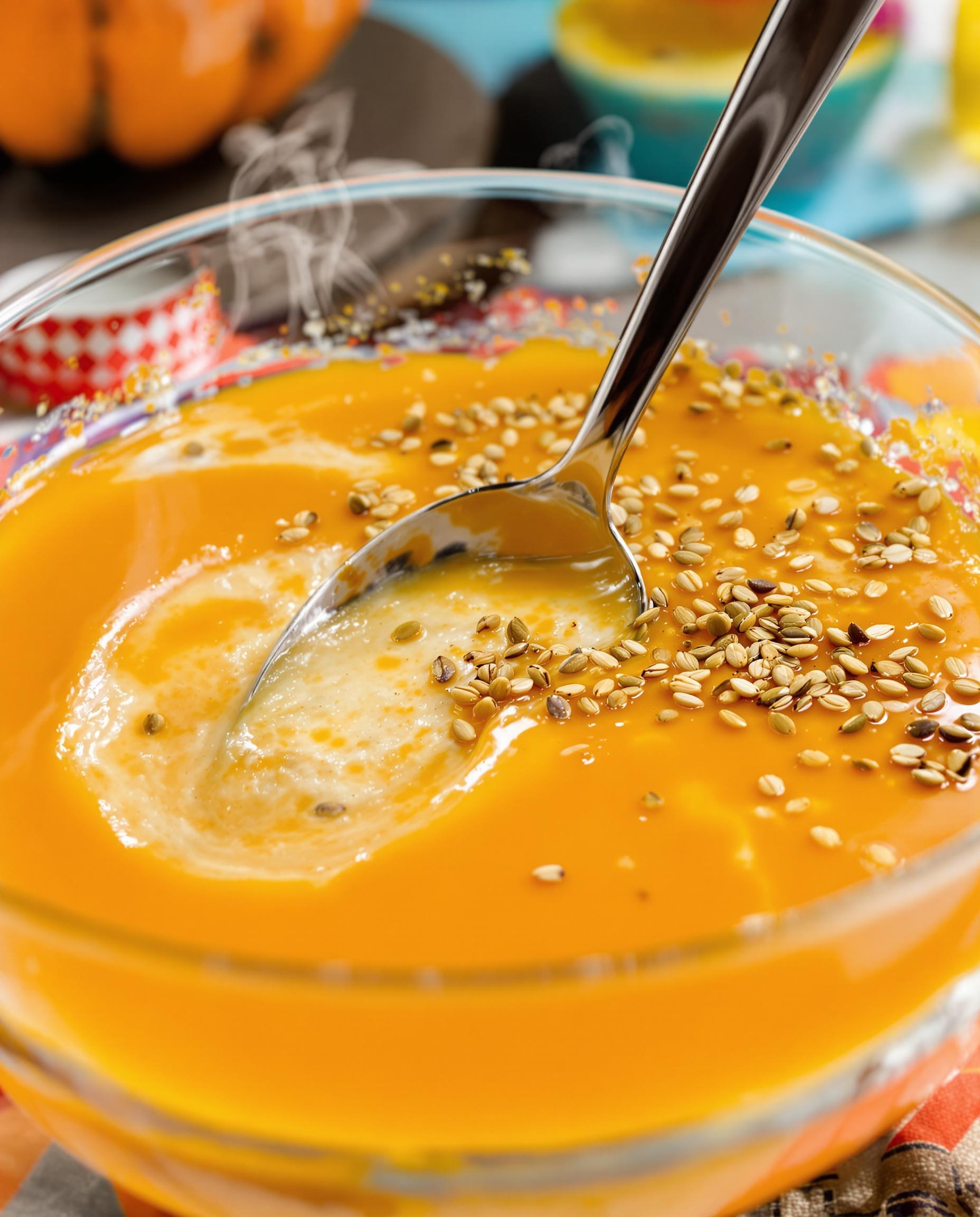 Velouté potiron-cumin gélifié avec de l’agar-agar, prêt à être dégusté.