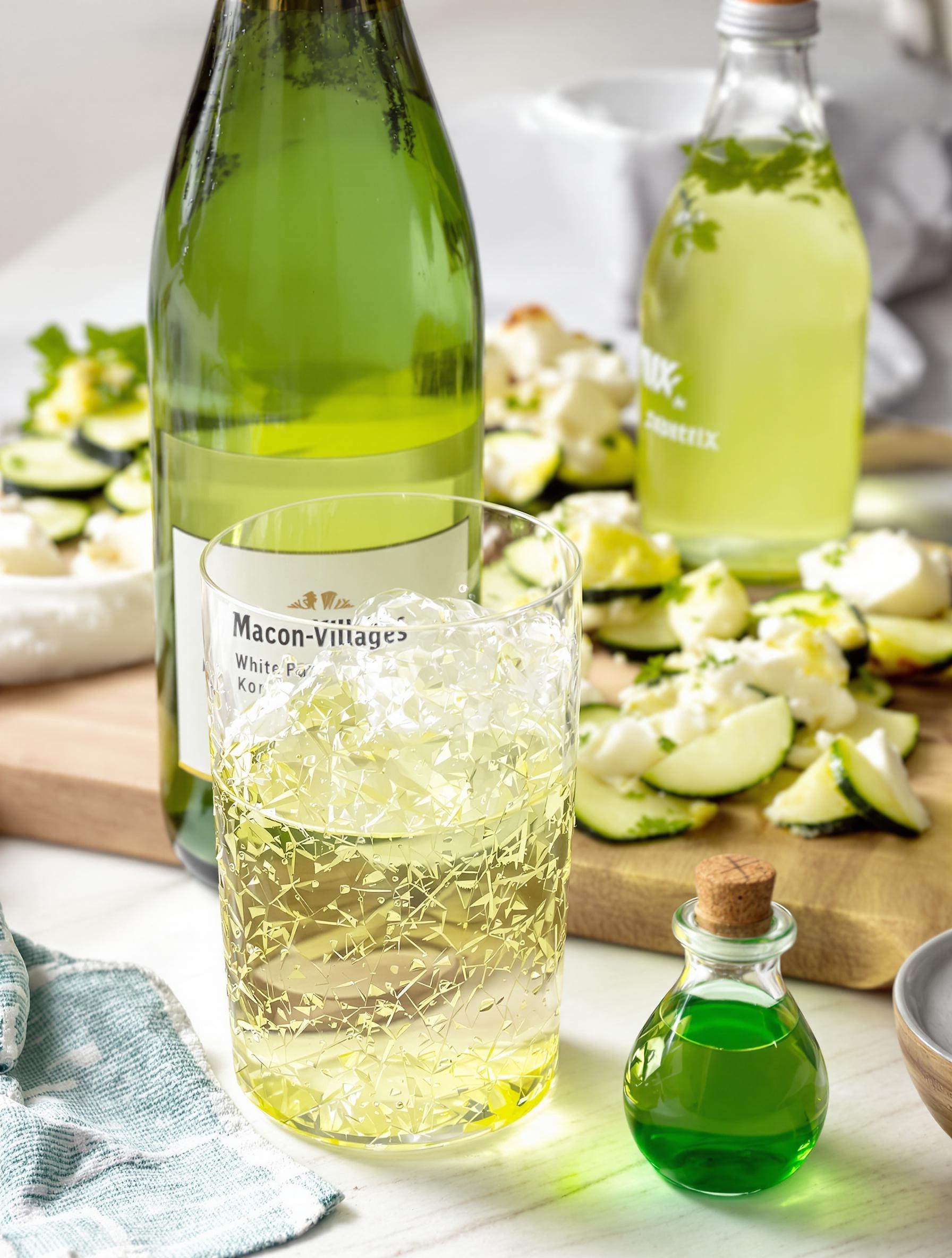 Verre de Mâcon-Villages et kombucha menthe accompagnant une tarte aux courgettes.