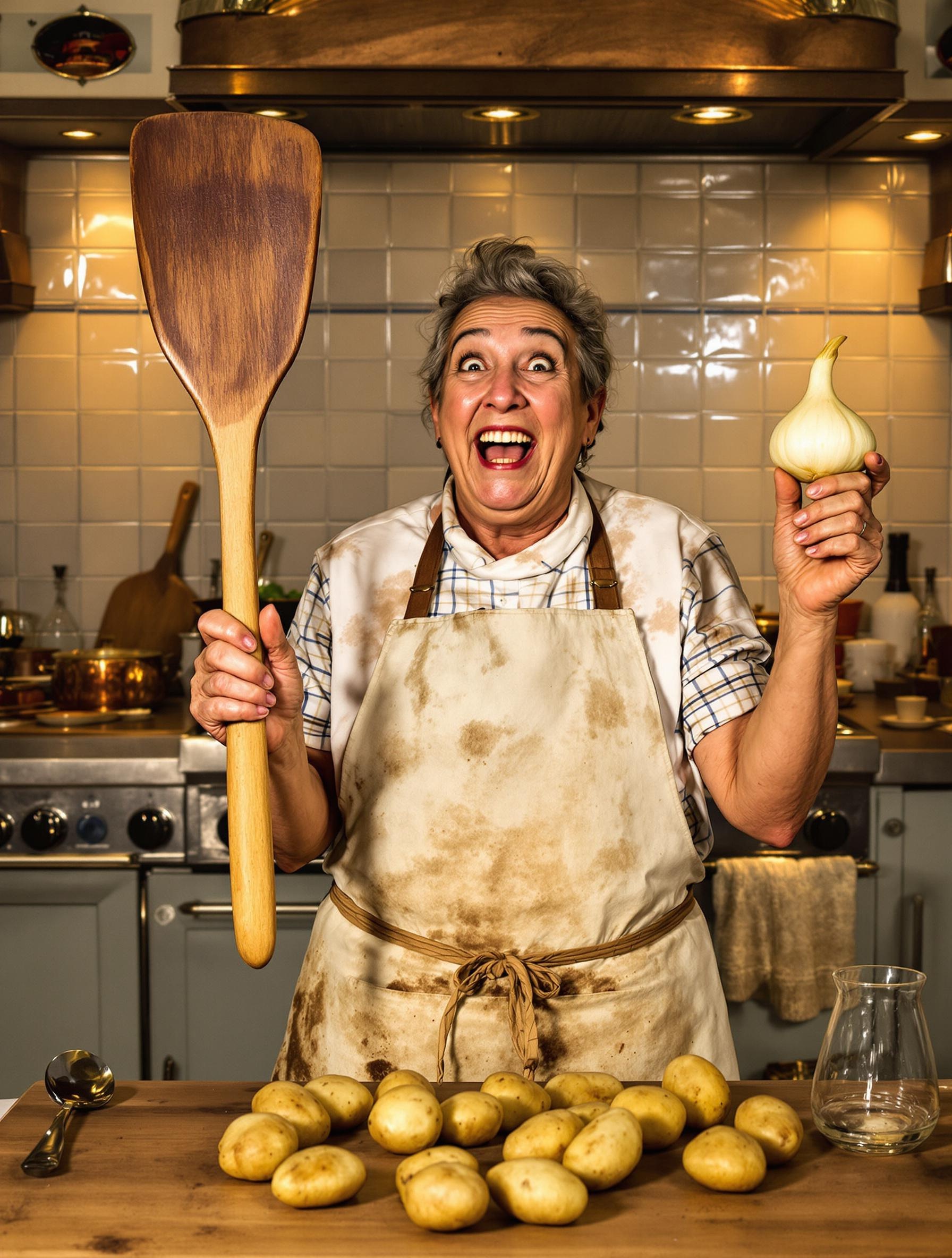 Grand-mère avec spatule en bois et échalote, ambiance rétro lyonnaise