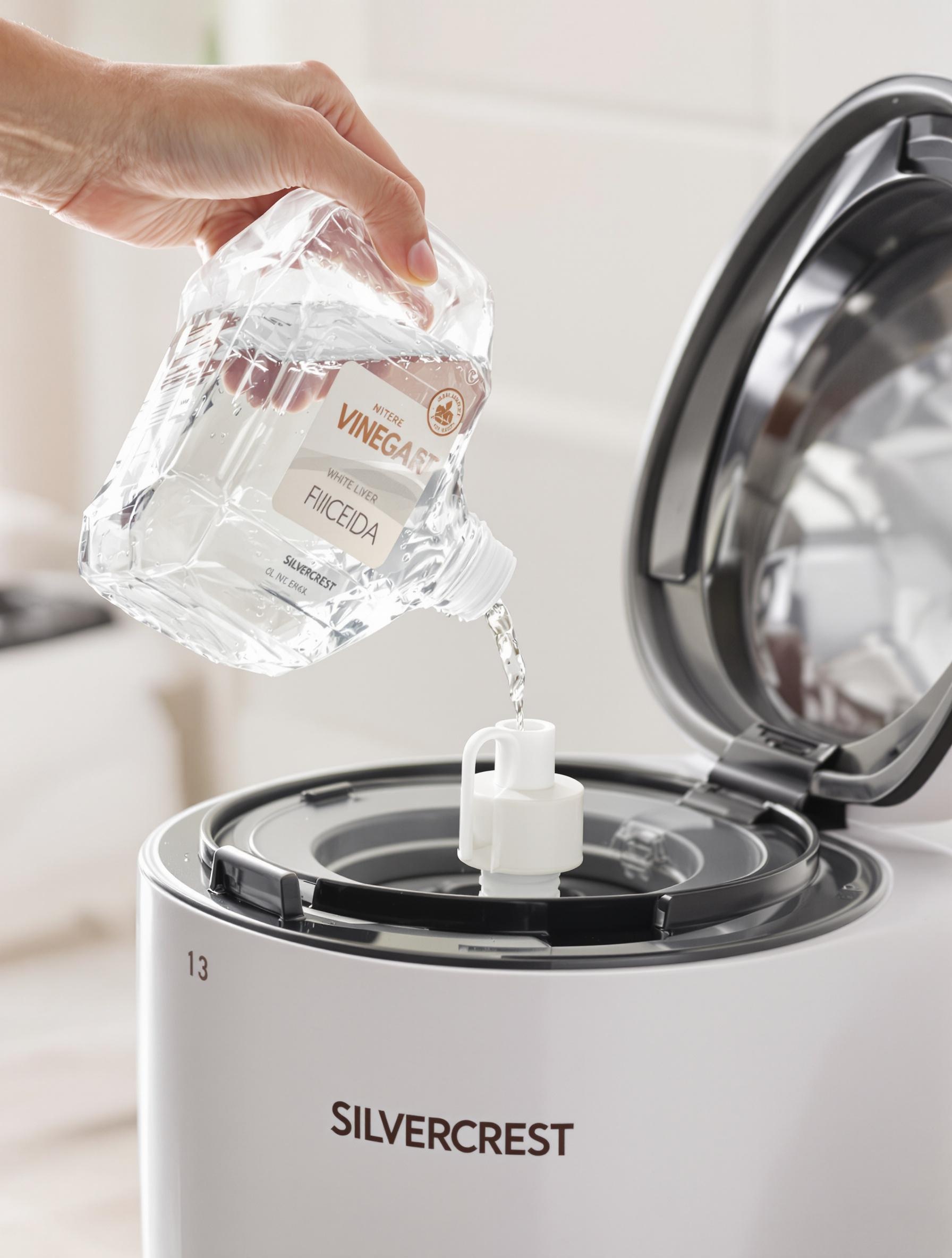 Récipient de vinaigre blanc prêt à être versé dans le réservoir d’eau d’une machine Silvercrest