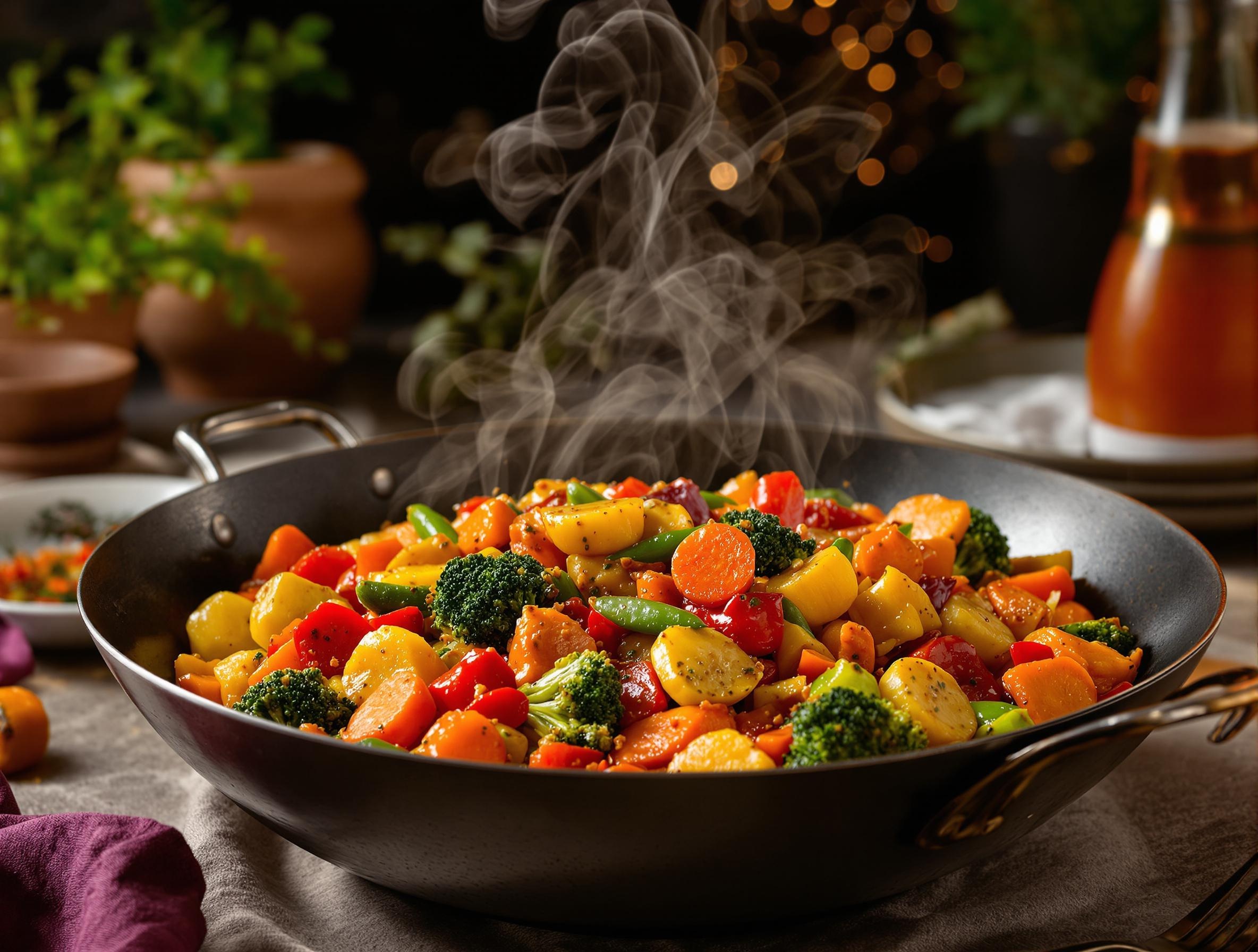 Wok de légumes massala nappés de sauce tamarin.