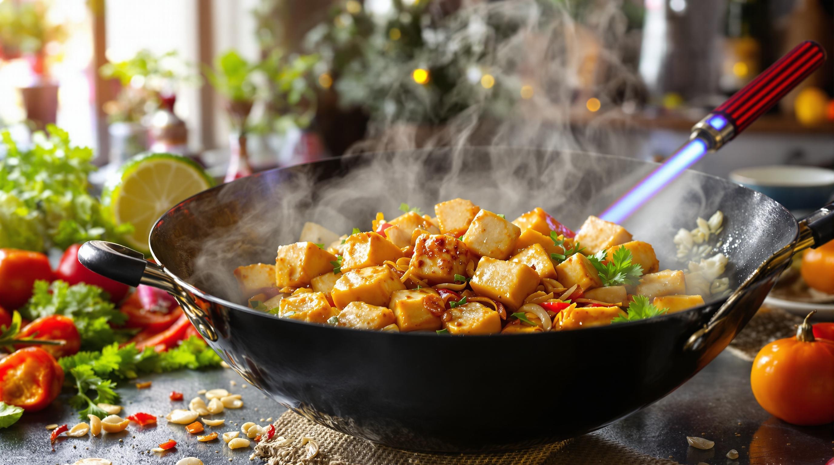 Wok express cubes tofu dorés échalotes caramélisées